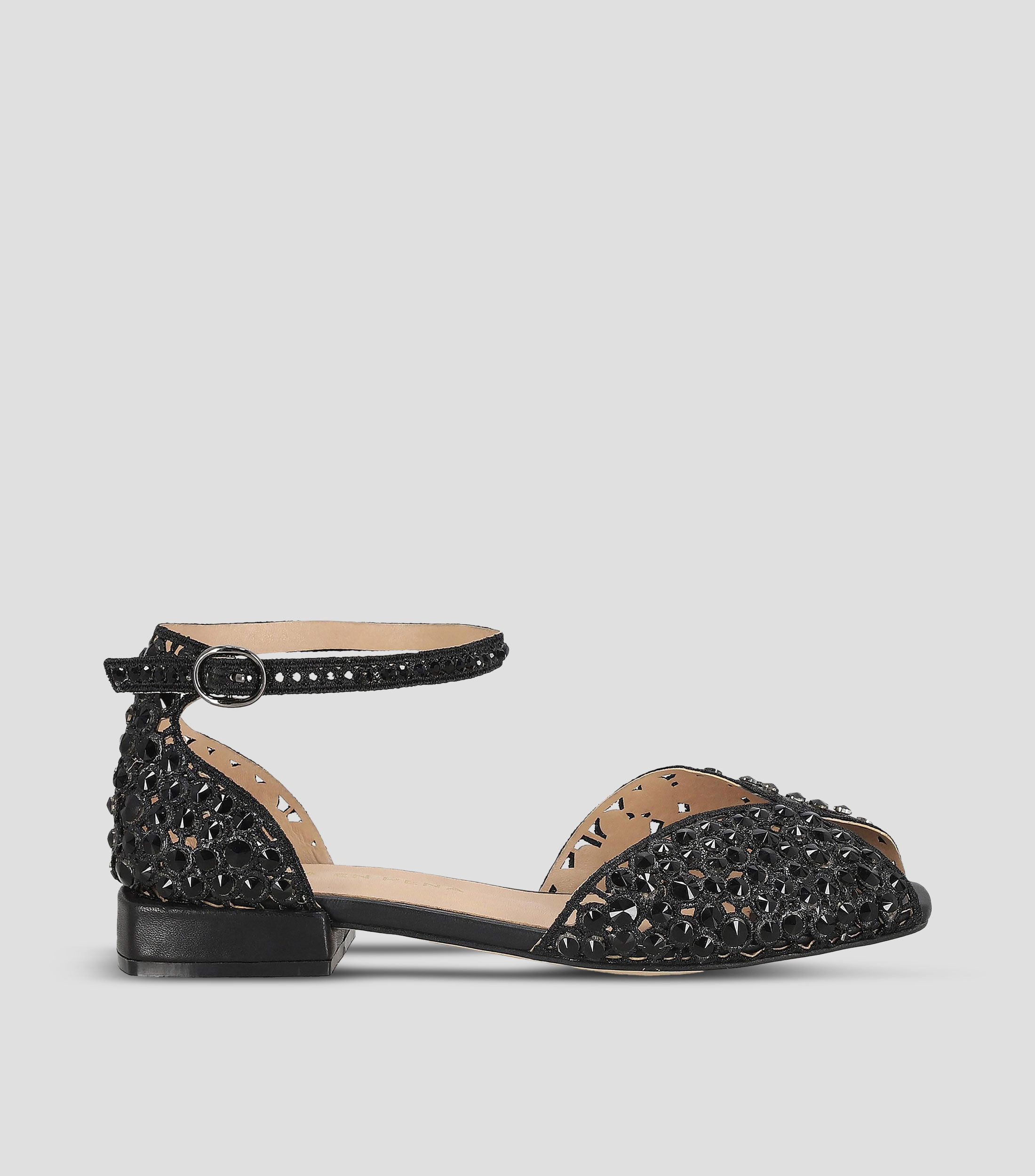 Flats en piel con tacón media luna con pedrería Mujer