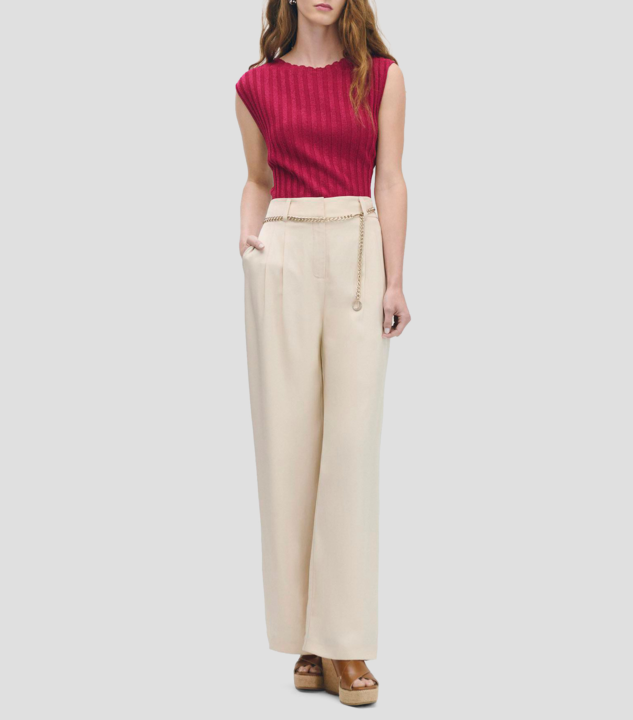Blusa tejido canalé magenta con lúrex escote redondo Mujer