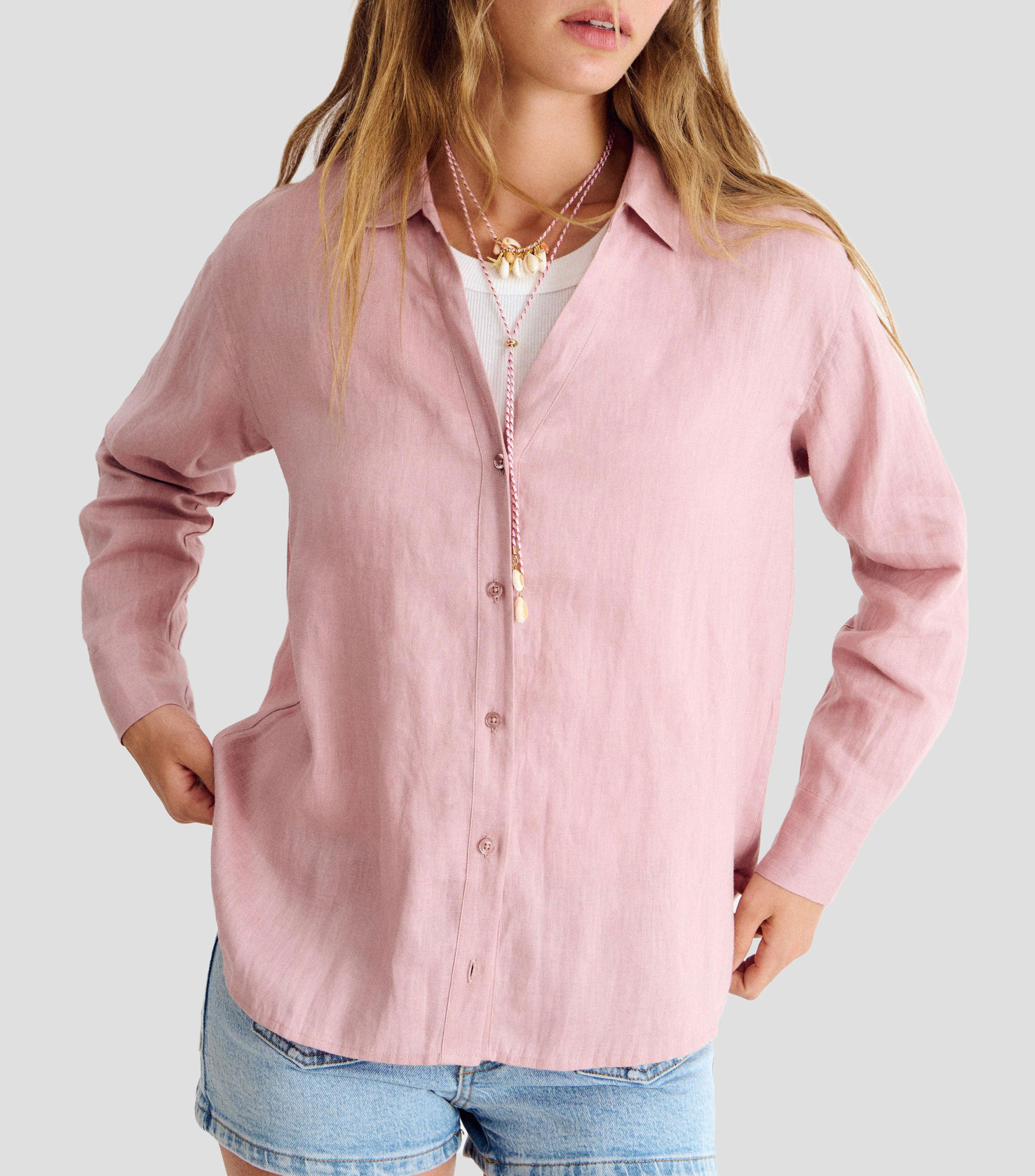 Camisa lisa de lino con manga larga Mujer