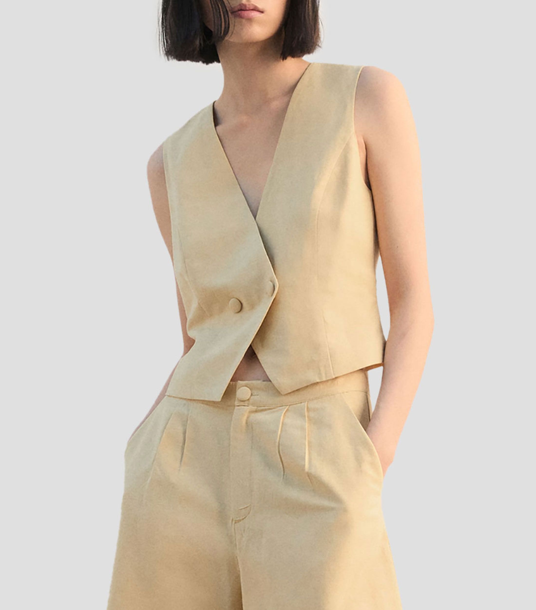 Top cuello V sin mangas liso Mujer