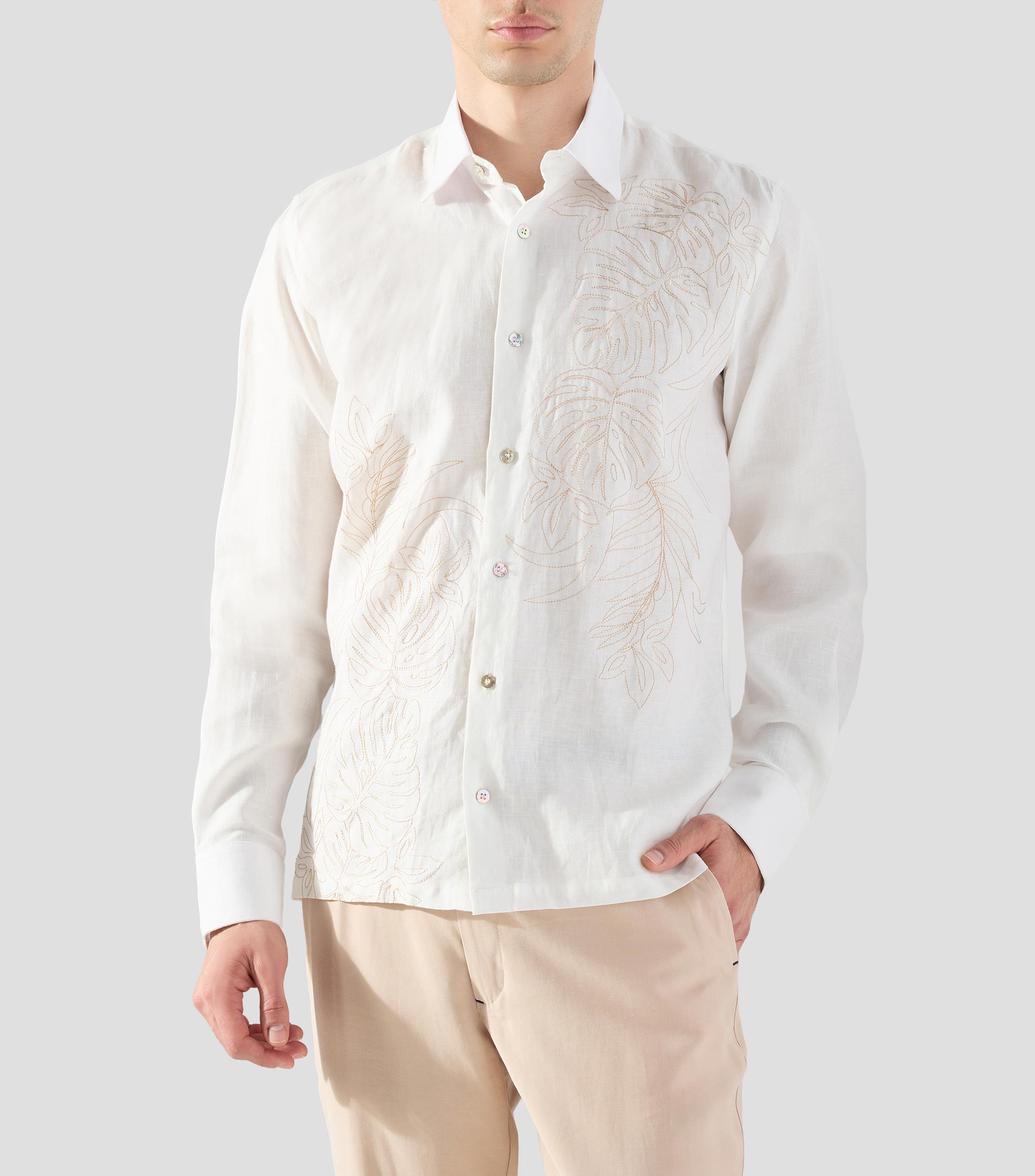 Camisa de lino con bordado y manga larga Hombre
