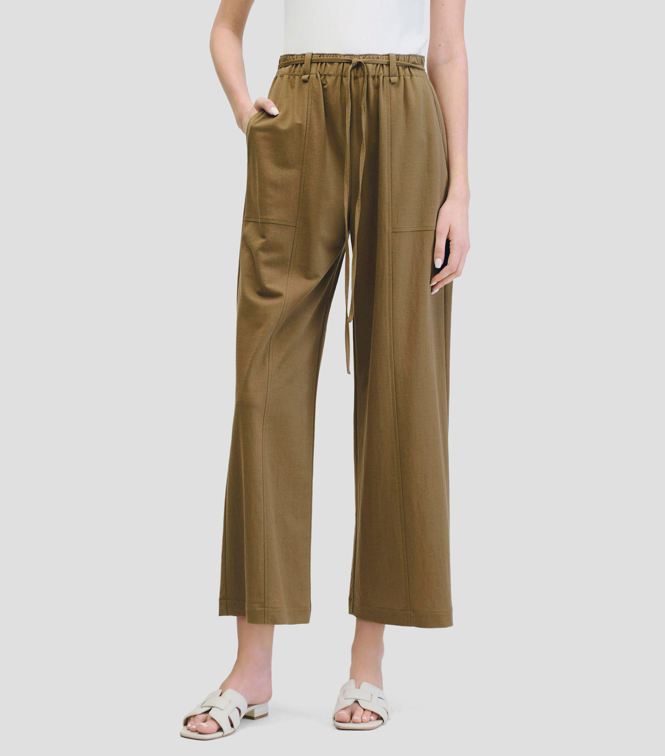 Pantalón wideleg tiro alto pretina enresortada con jaretas Mujer