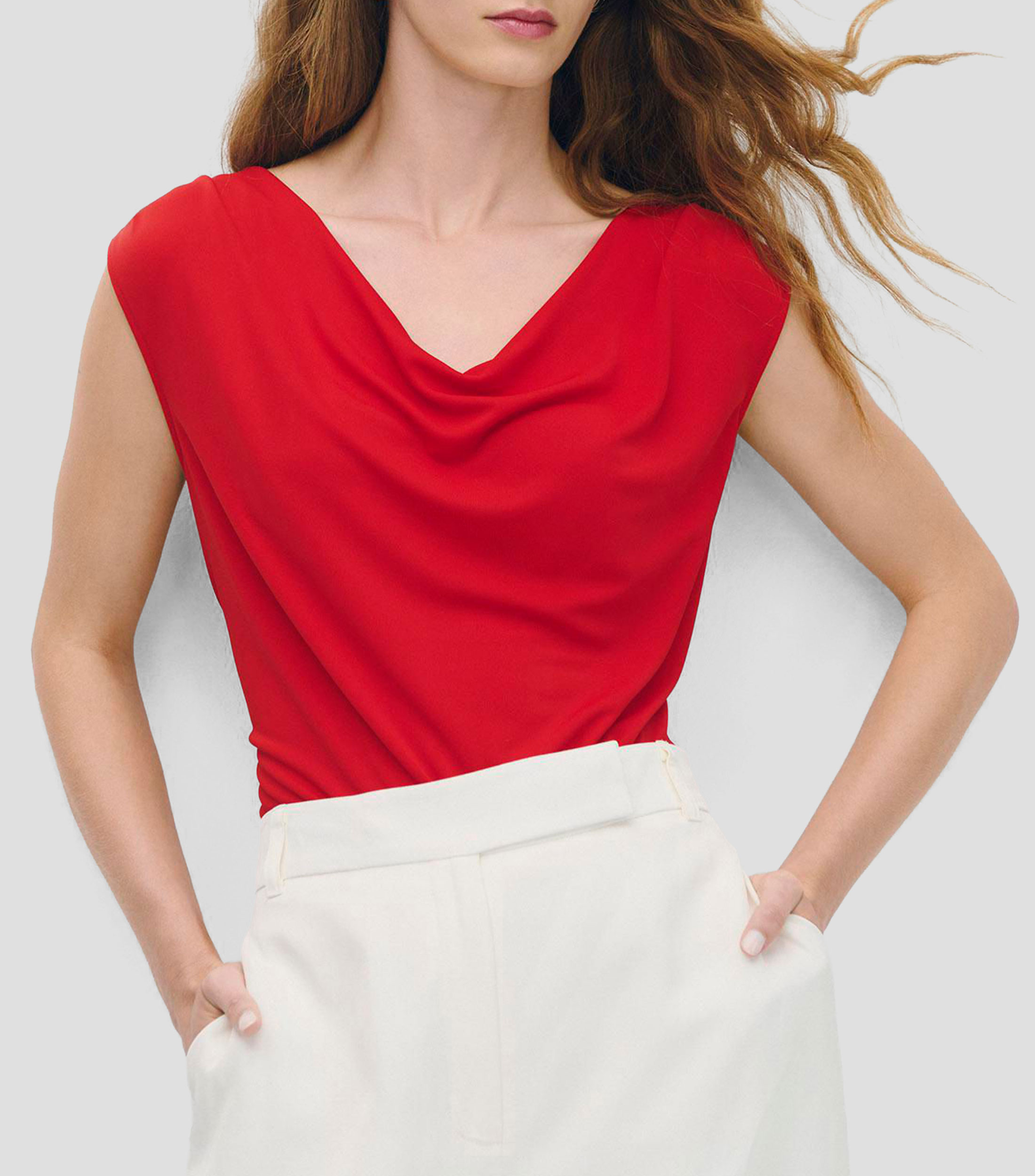 Blusa de punto roja escote drapeado cadena en espalda Mujer