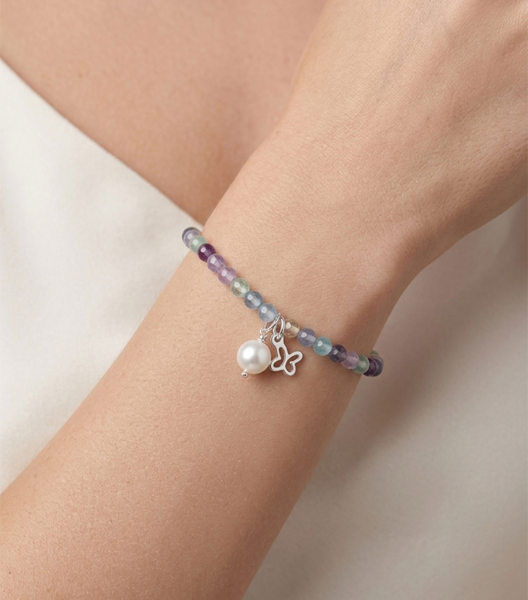 Pulsera en Plata .925 Mariposa con Fluorita y perla Mujer