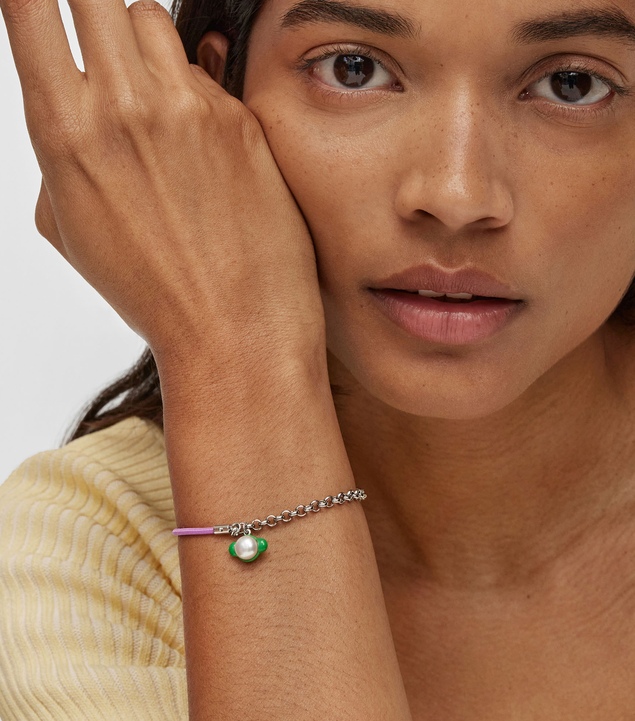 Pulsera elástica malva y plateado con perla cultivada Instint Mujer