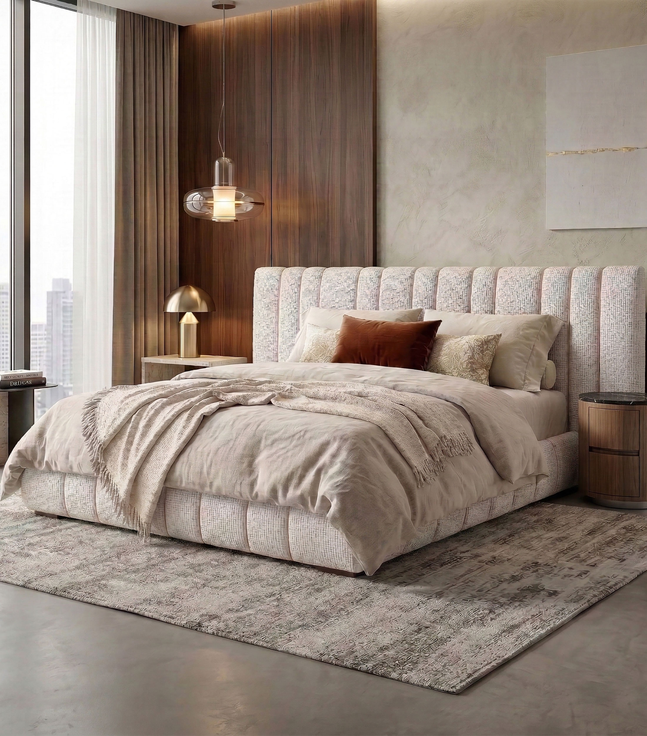 Cama queen size Alan en tela beige