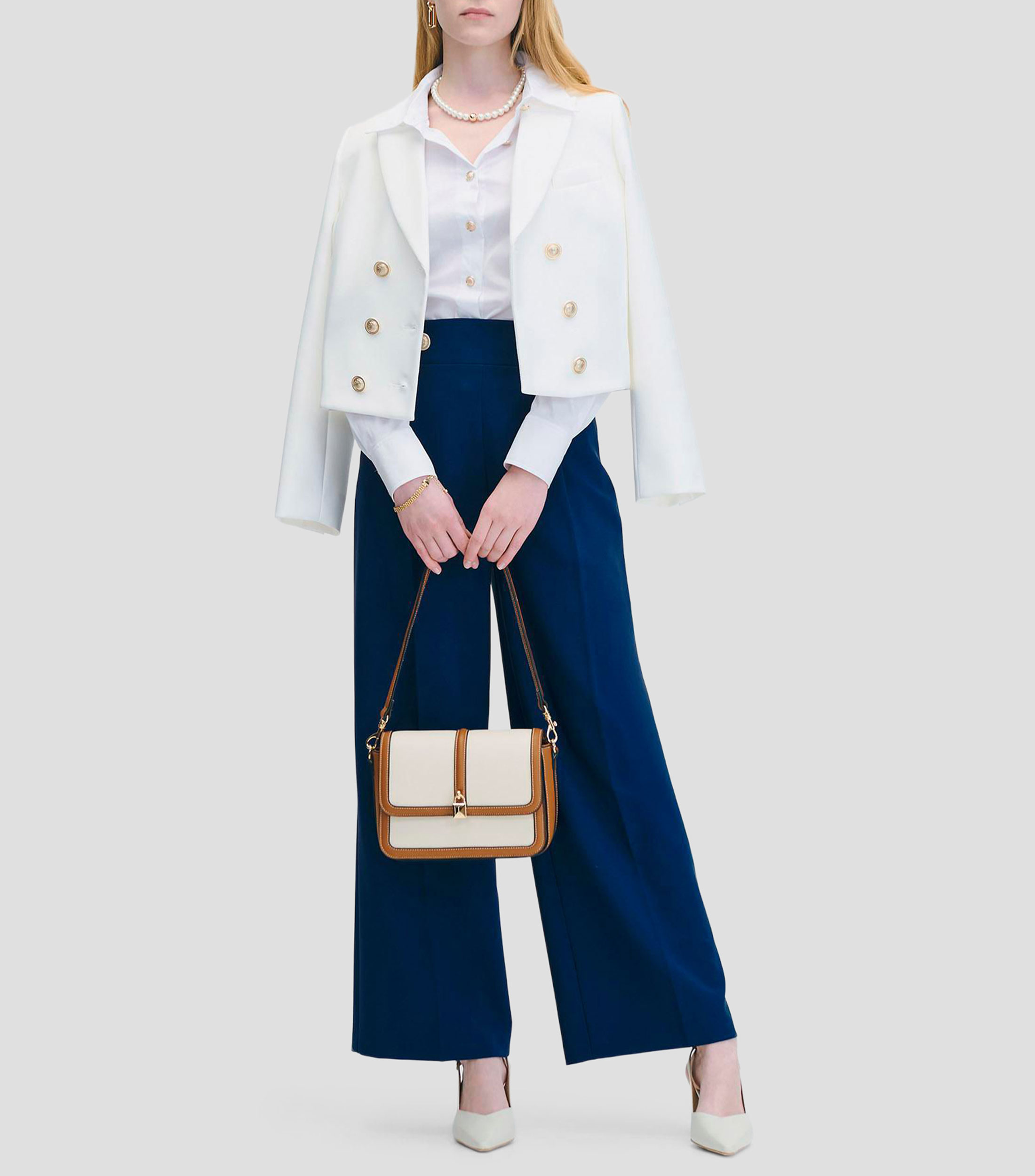 Pantalón Wide Leg Tiro Alto Azul Océano Pretina Fraccionada Y Tablas Mujer