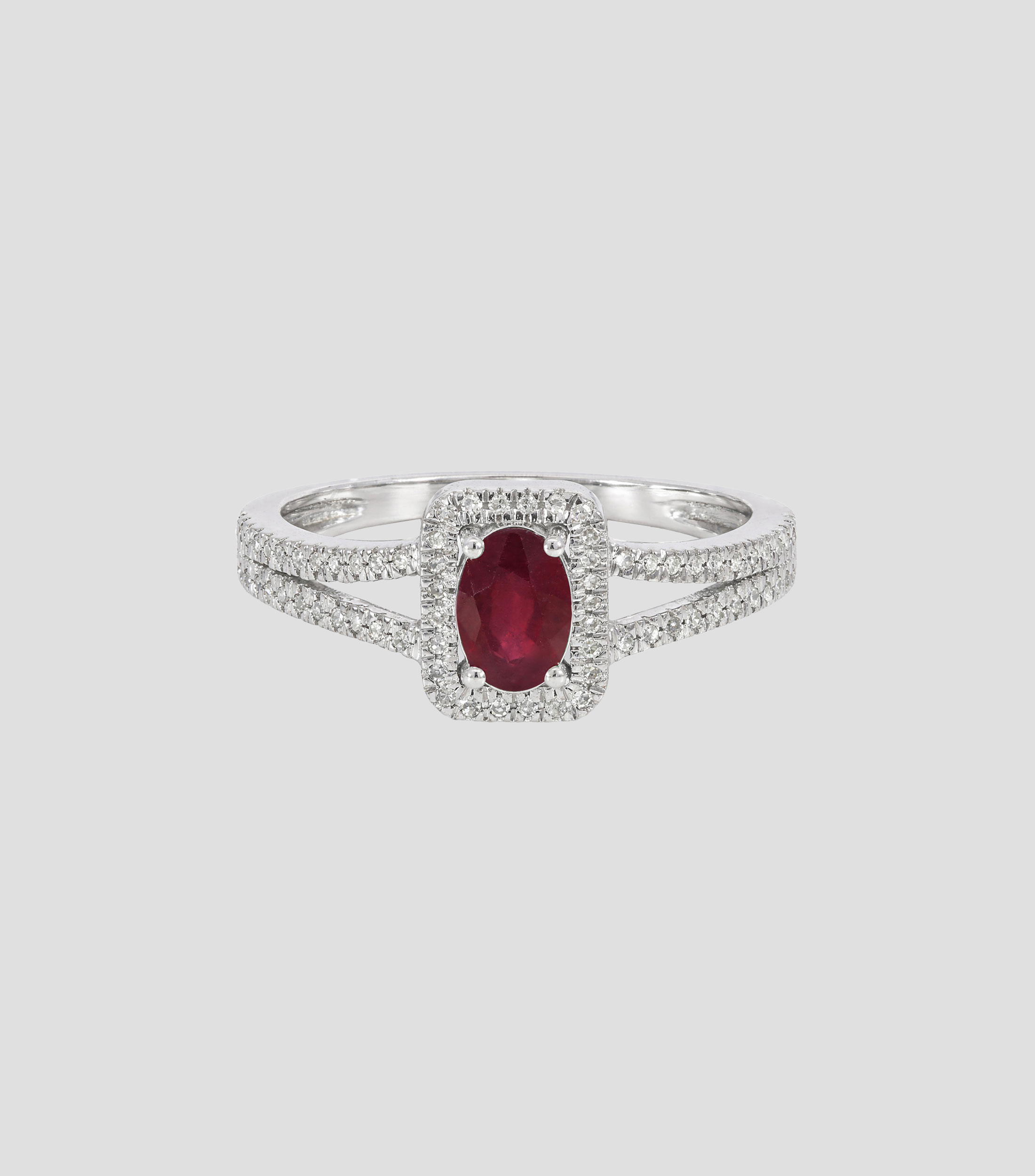 Anillo en oro blanco de 14 kilates con rubí y diamantes Mujer