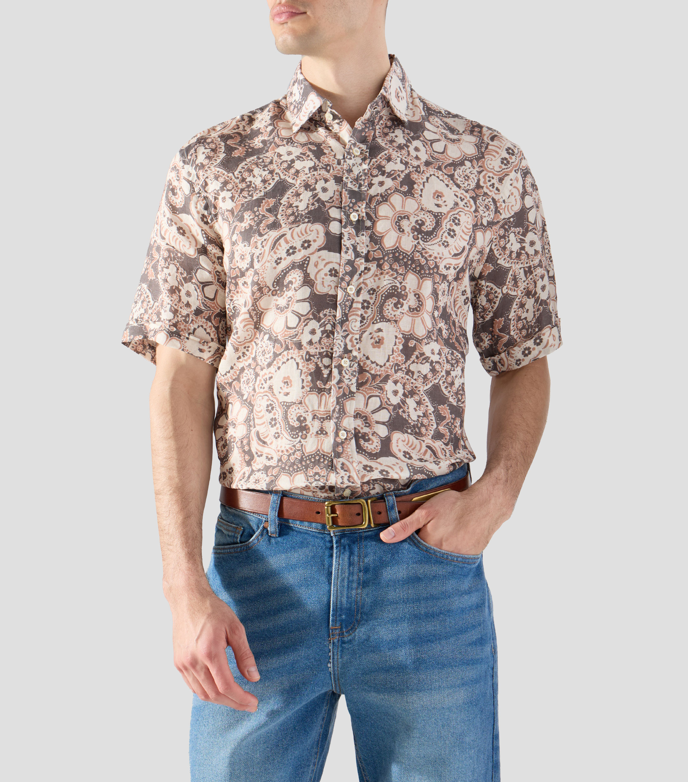 Camisa estampada en lino con manga corta Hombre
