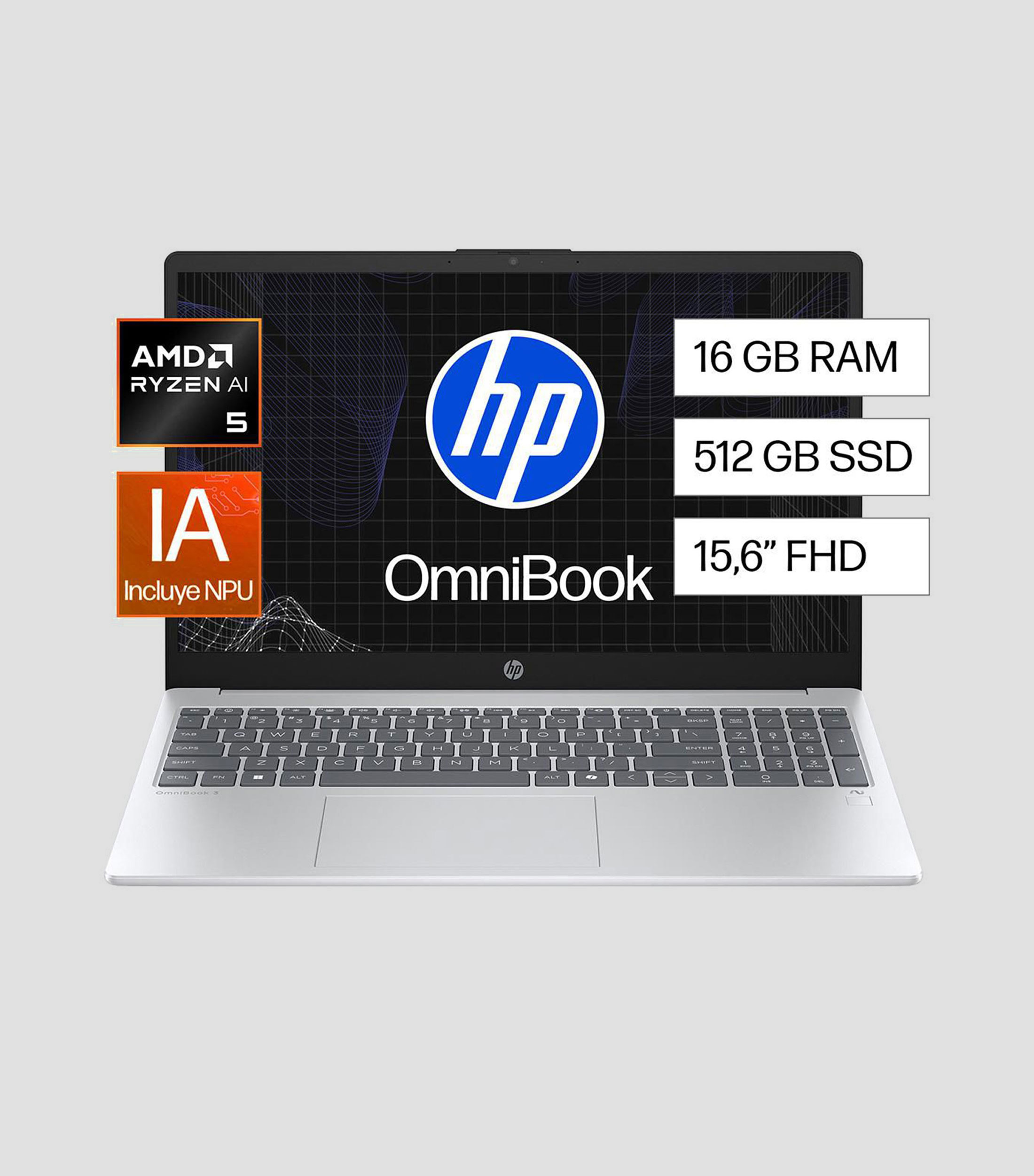 Laptop OmniBook 3, 15.6, AMD Ryzen AI 5 340, RAM 16 GB, 512 GB