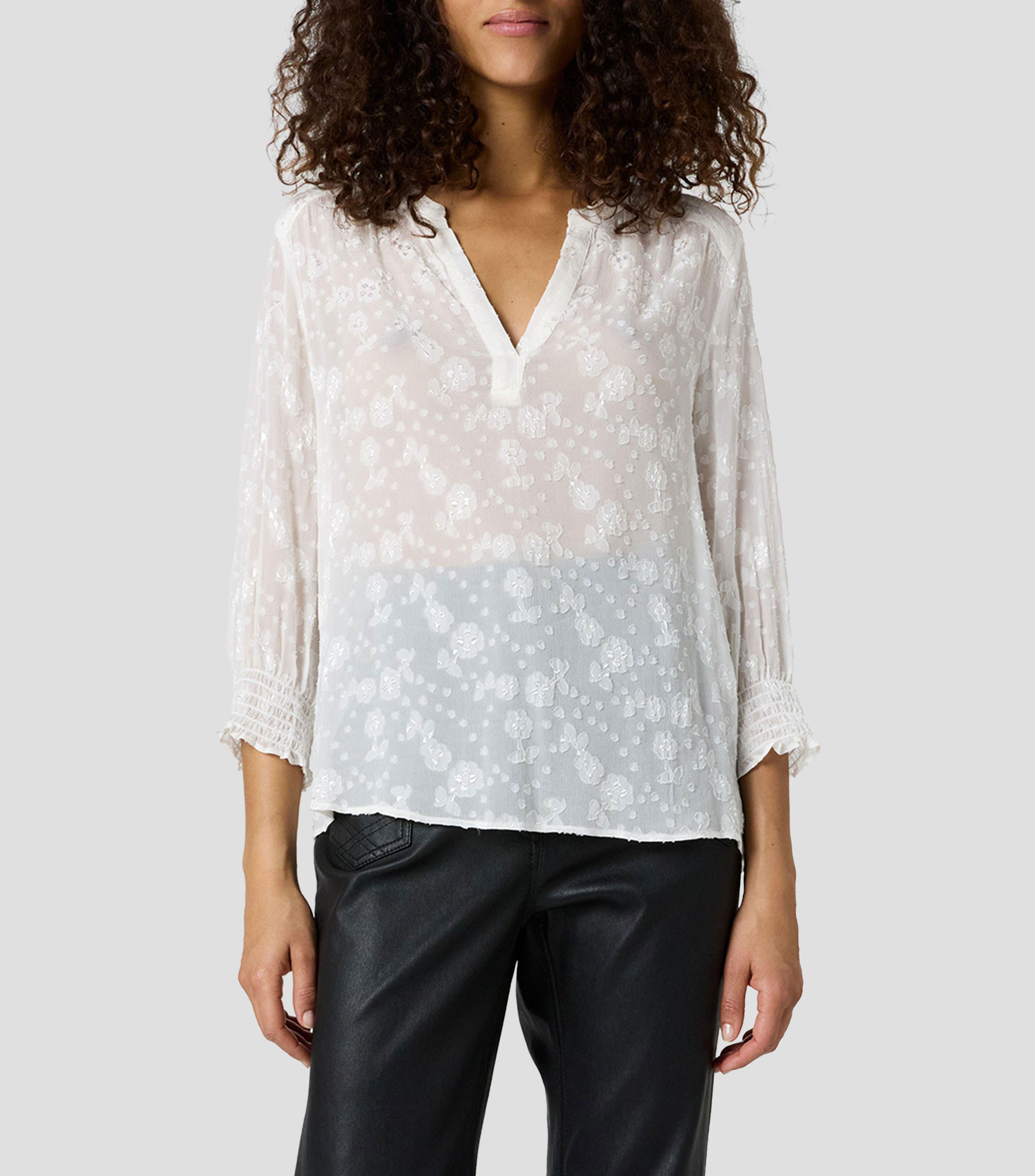 Blusa lisa con detalle de flores manga larga Mujer