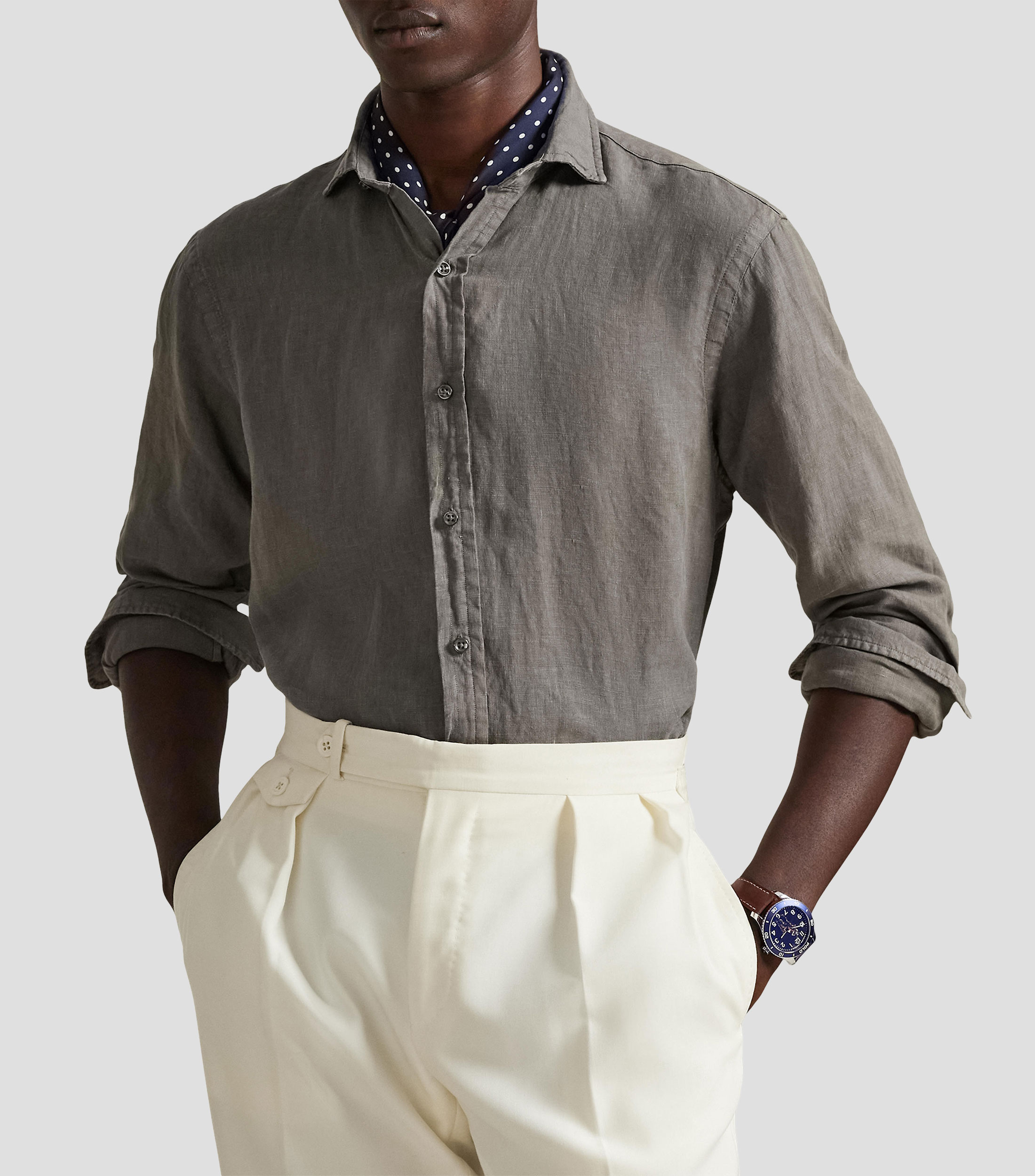 Camisa lisa de lino con manga larga Hombre