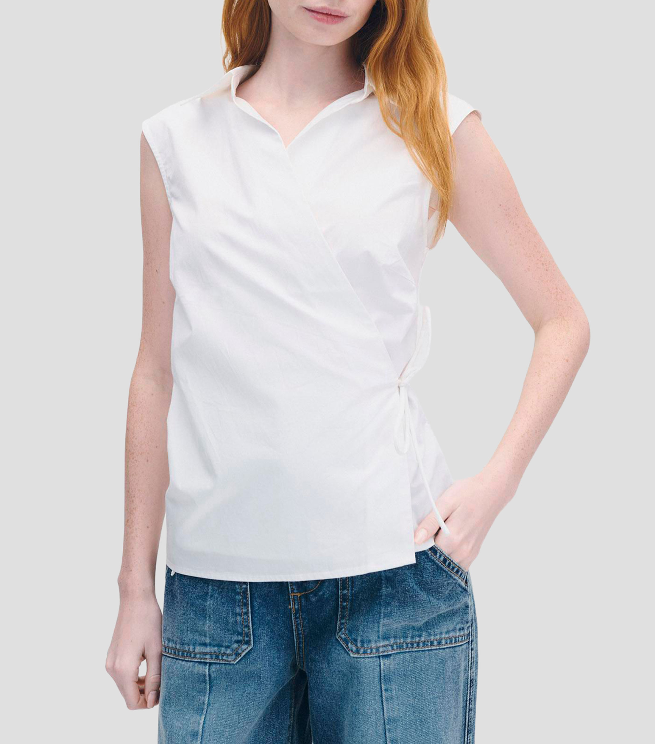 Blusa Envolvente Blanca Cuello Camisero Mujer