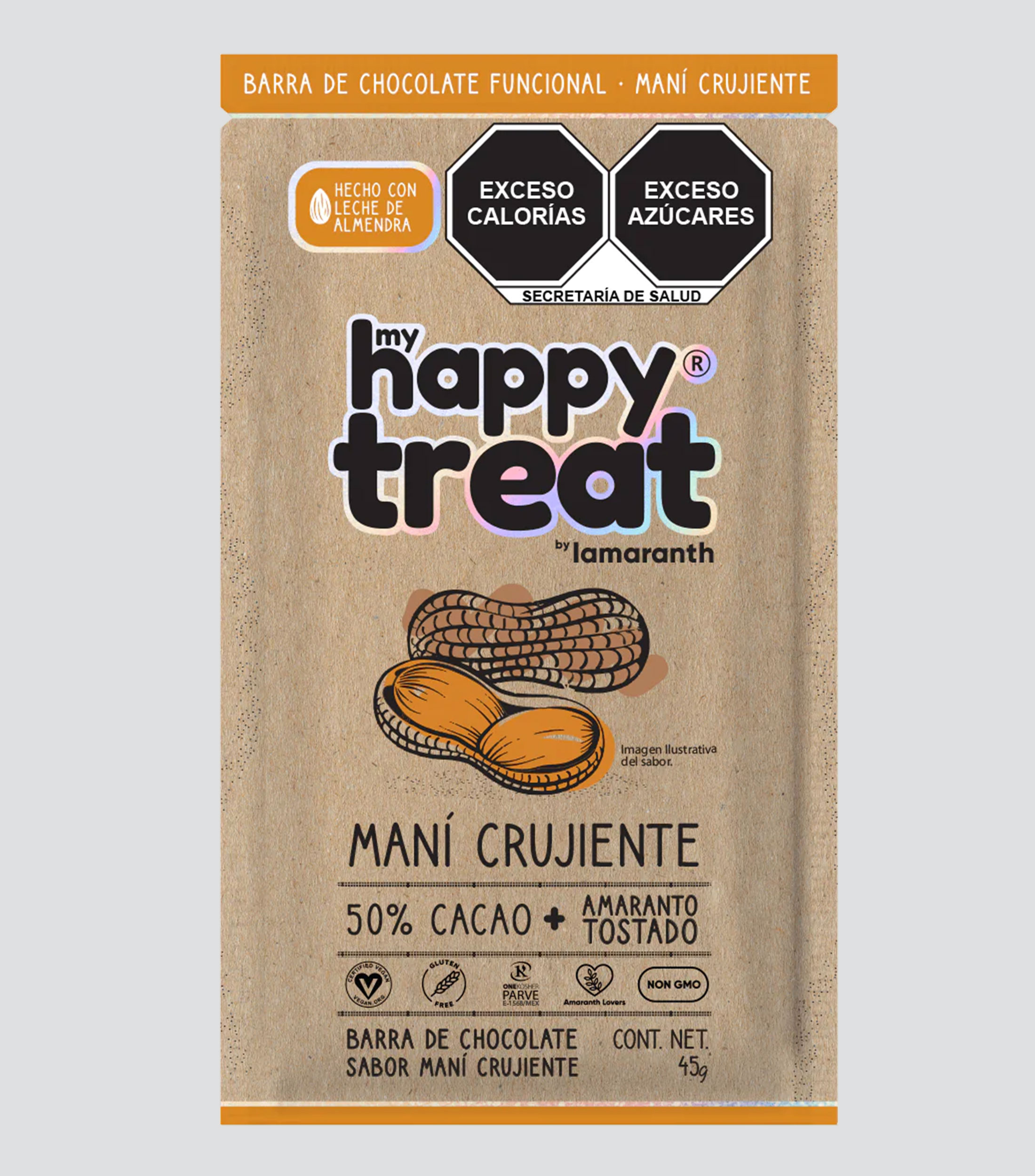 Barra de Chocolate con Mani Crujiente, 45 gr