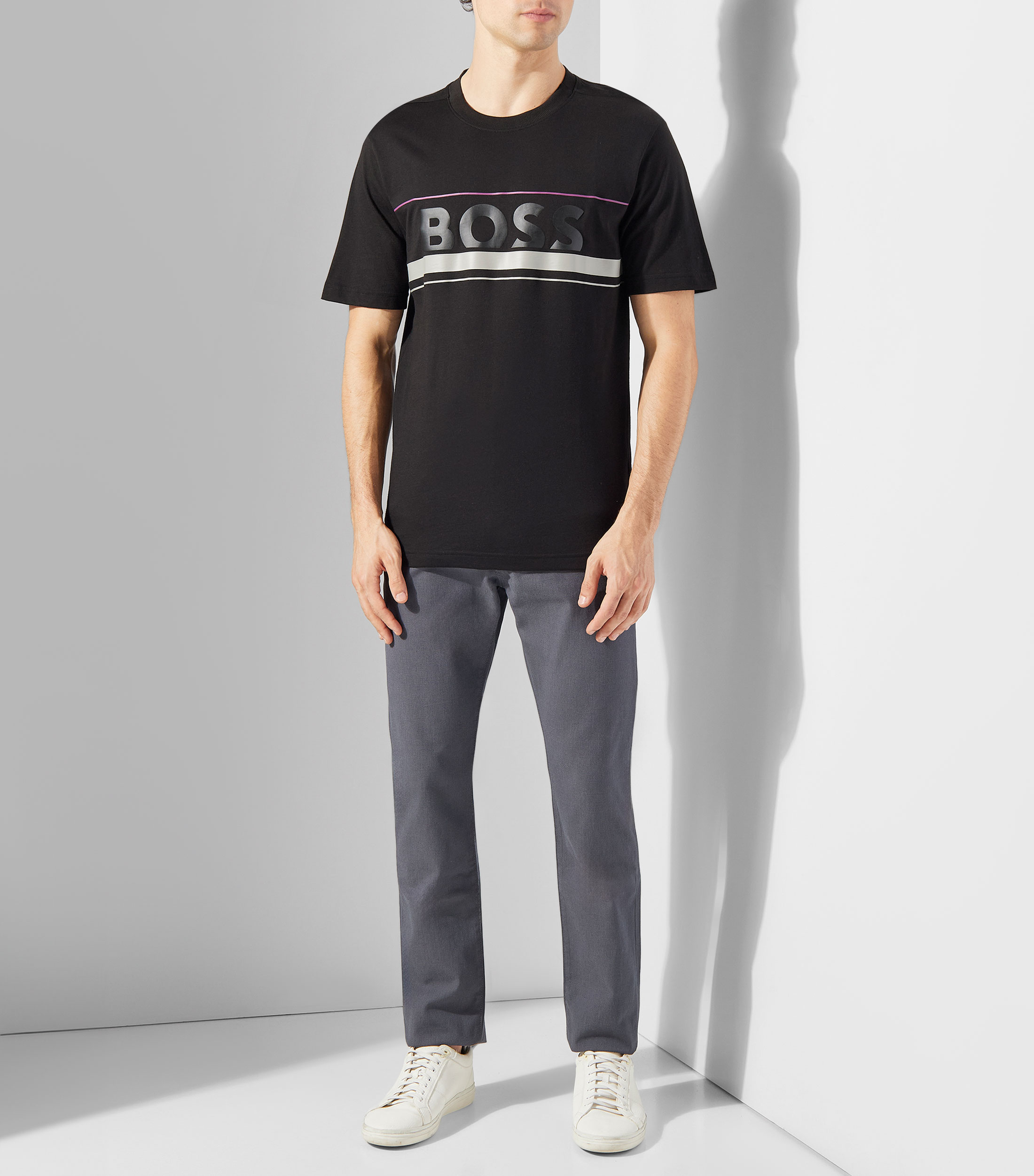 Playera en punto de algodón con rayas y logo Hombre