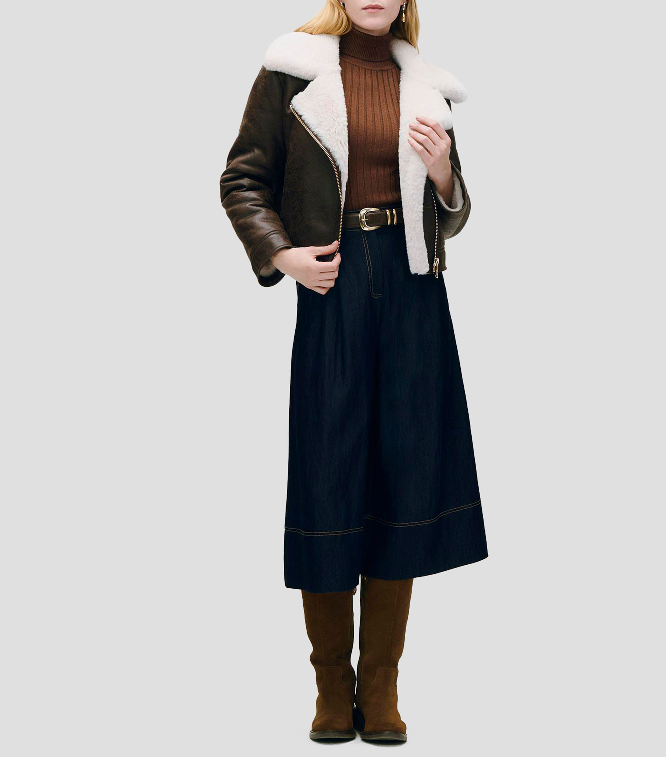 Chamarra Tipo Aviador Chocolate Suede Craquelado Con Pelo Mujer
