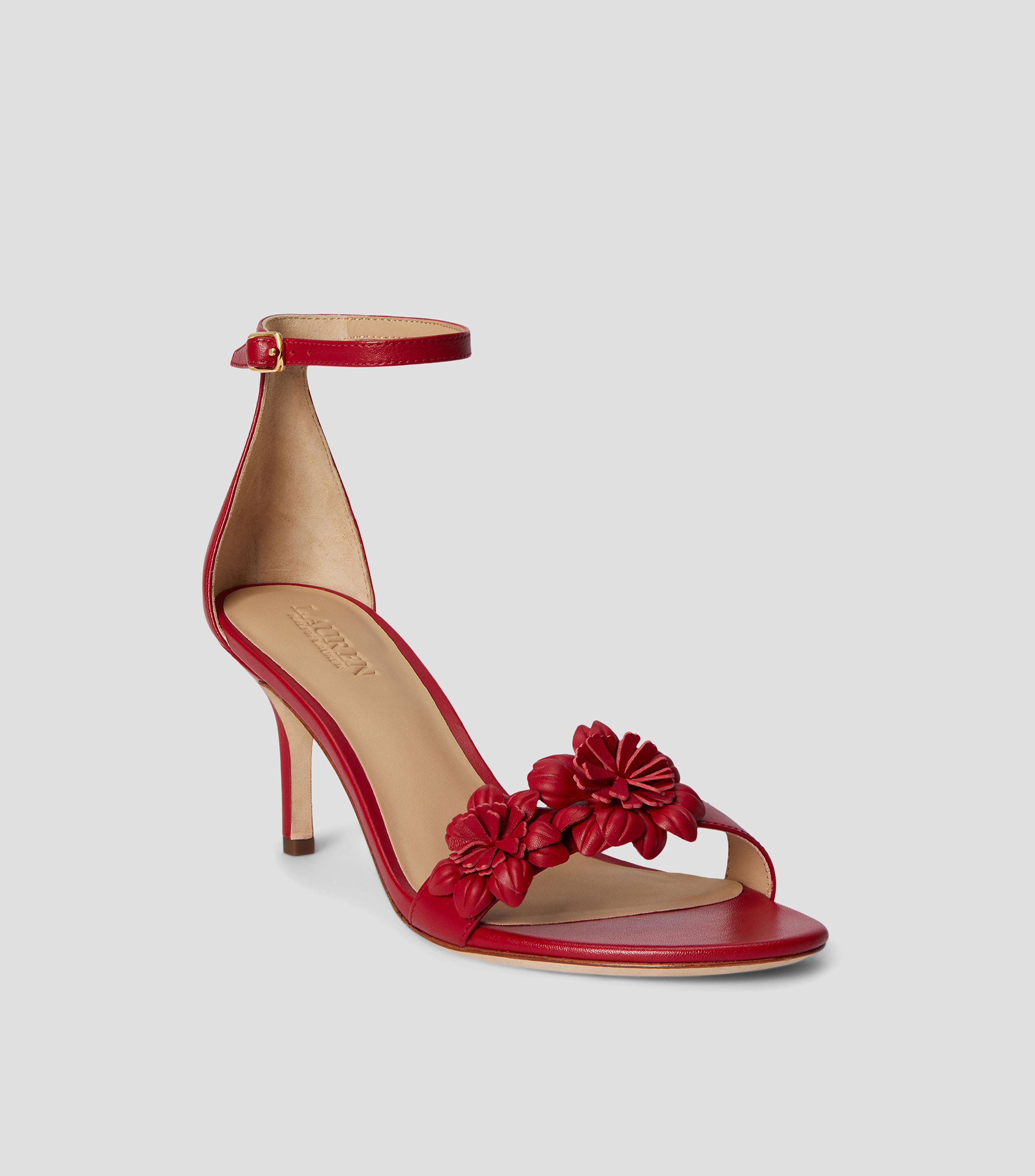 Sandalias de tacón medio con adorno floral de napa Allie Mujer