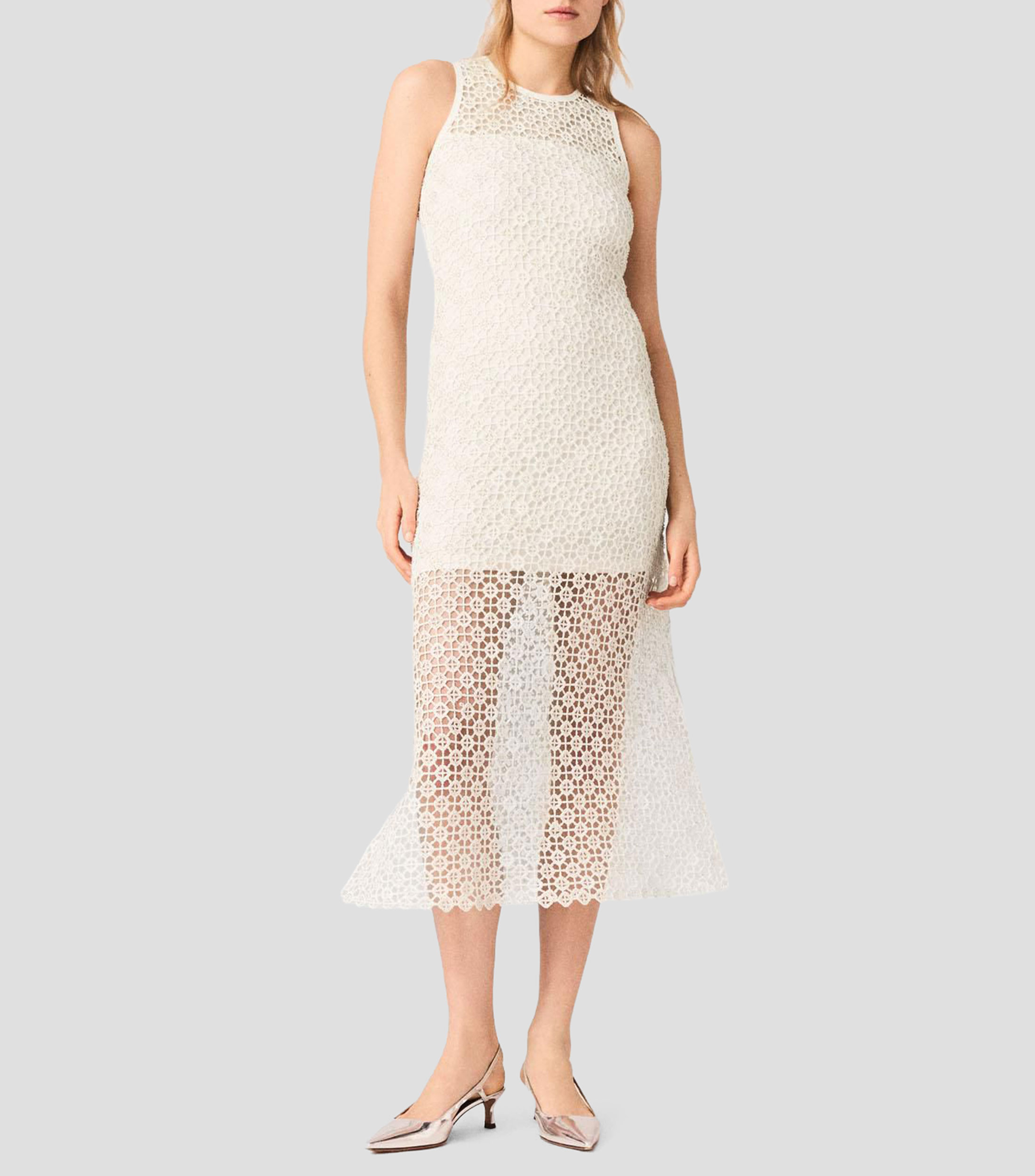 Vestido midi con bordado fantasía Mujer
