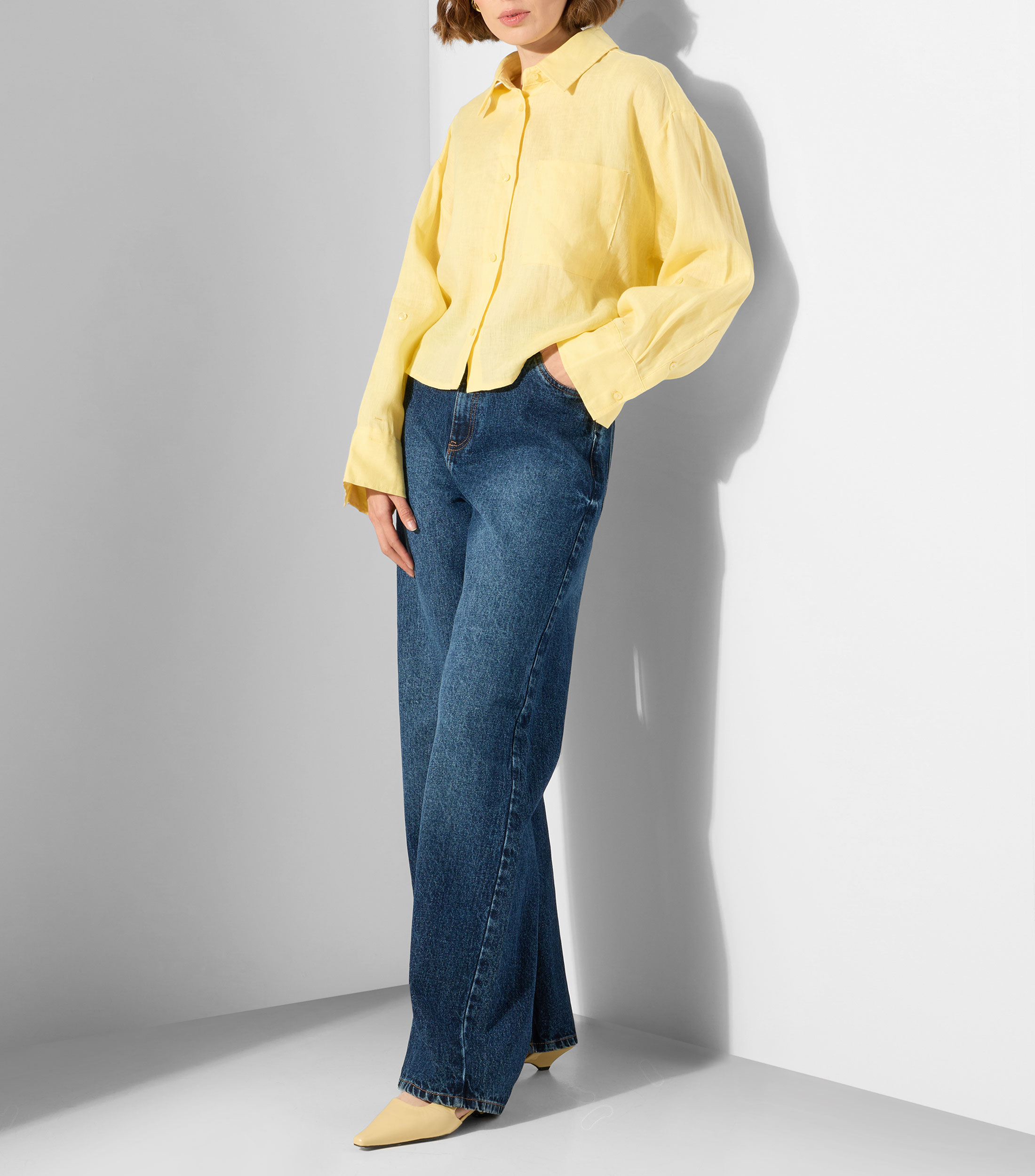 Camisa lisa en lino con manga larga Mujer