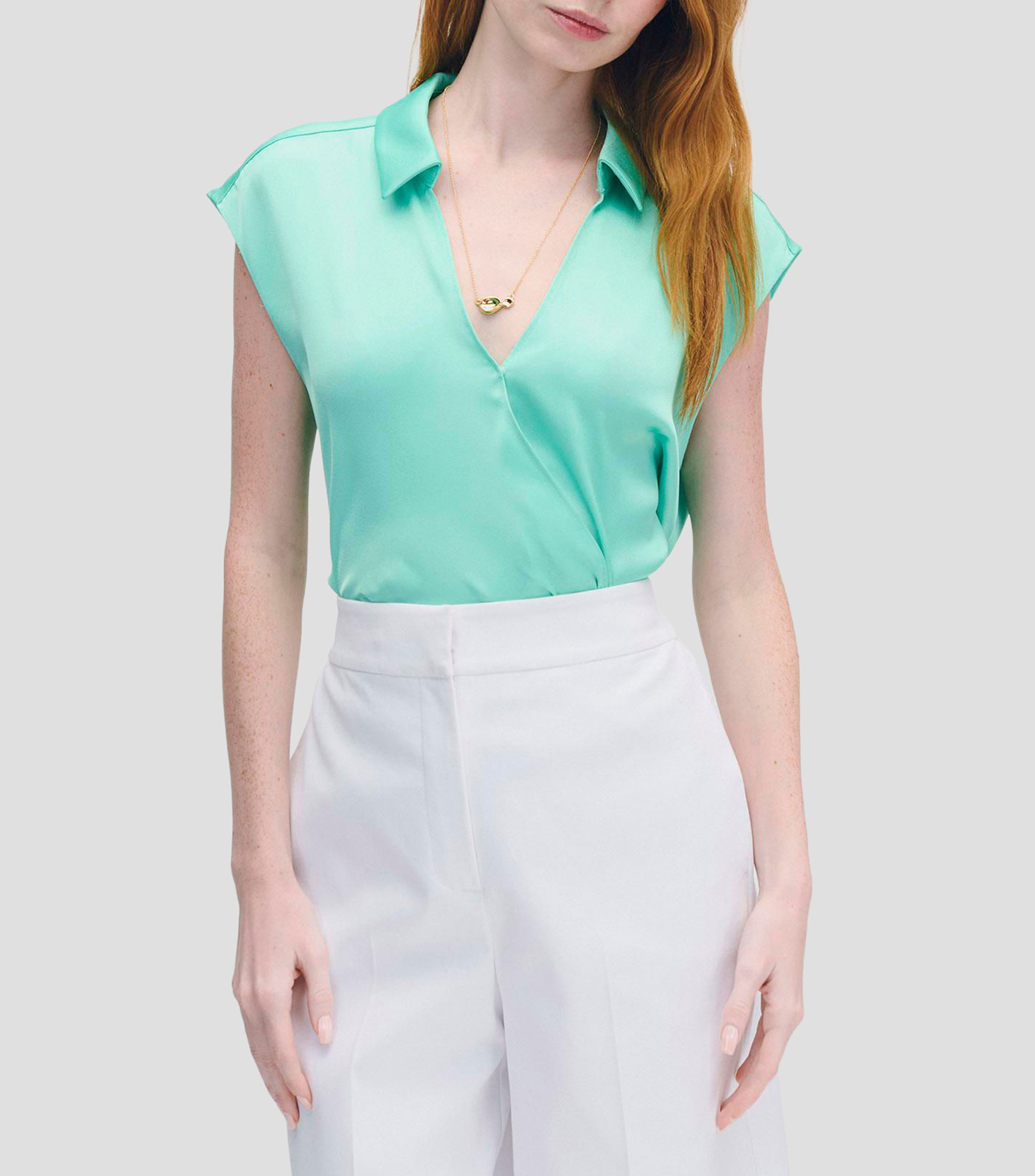 Blusa de Satín Envolvente Verde Lima Cuello Camisero Mujer