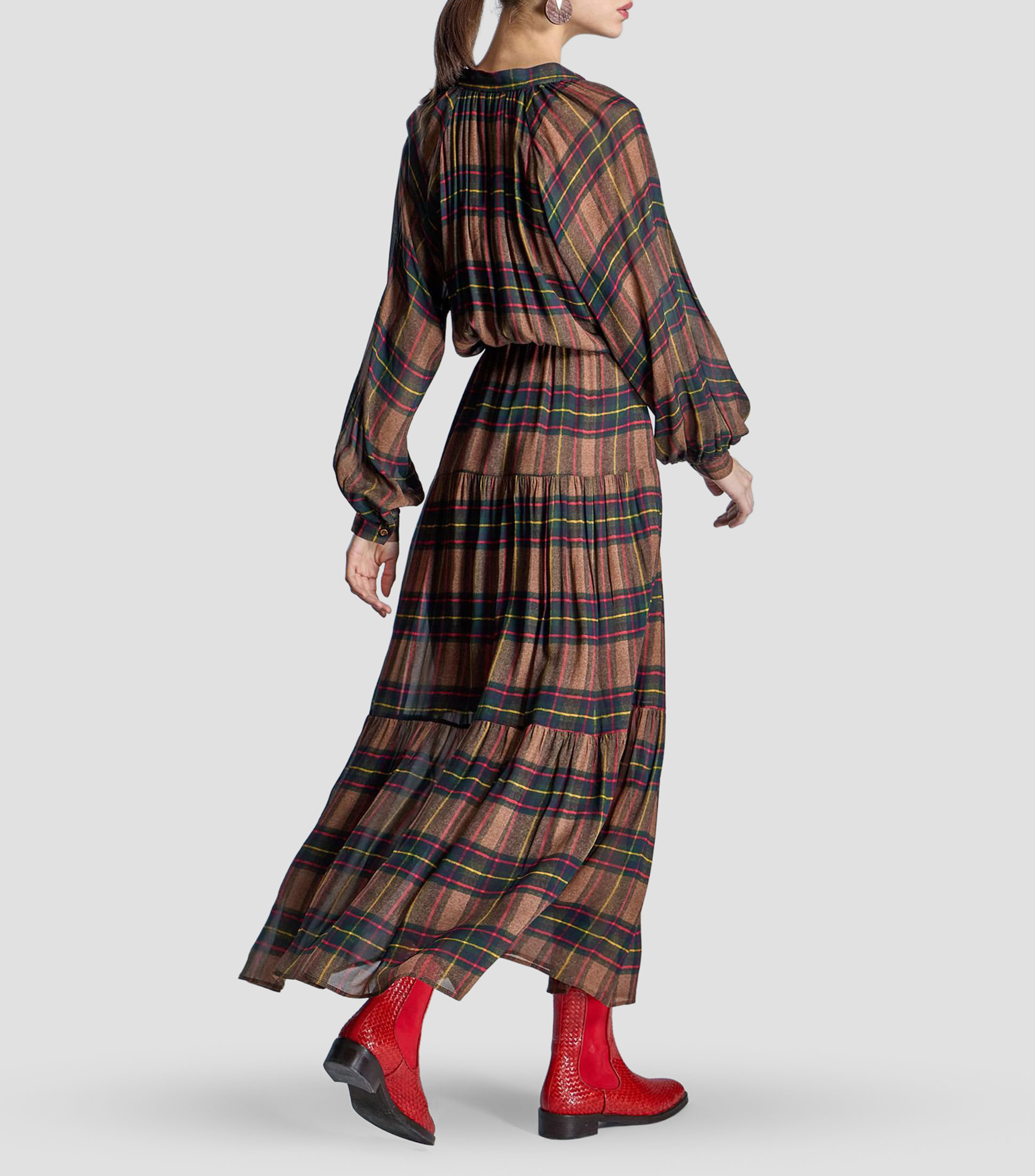Vestido largo manga larga con cuadros Mujer