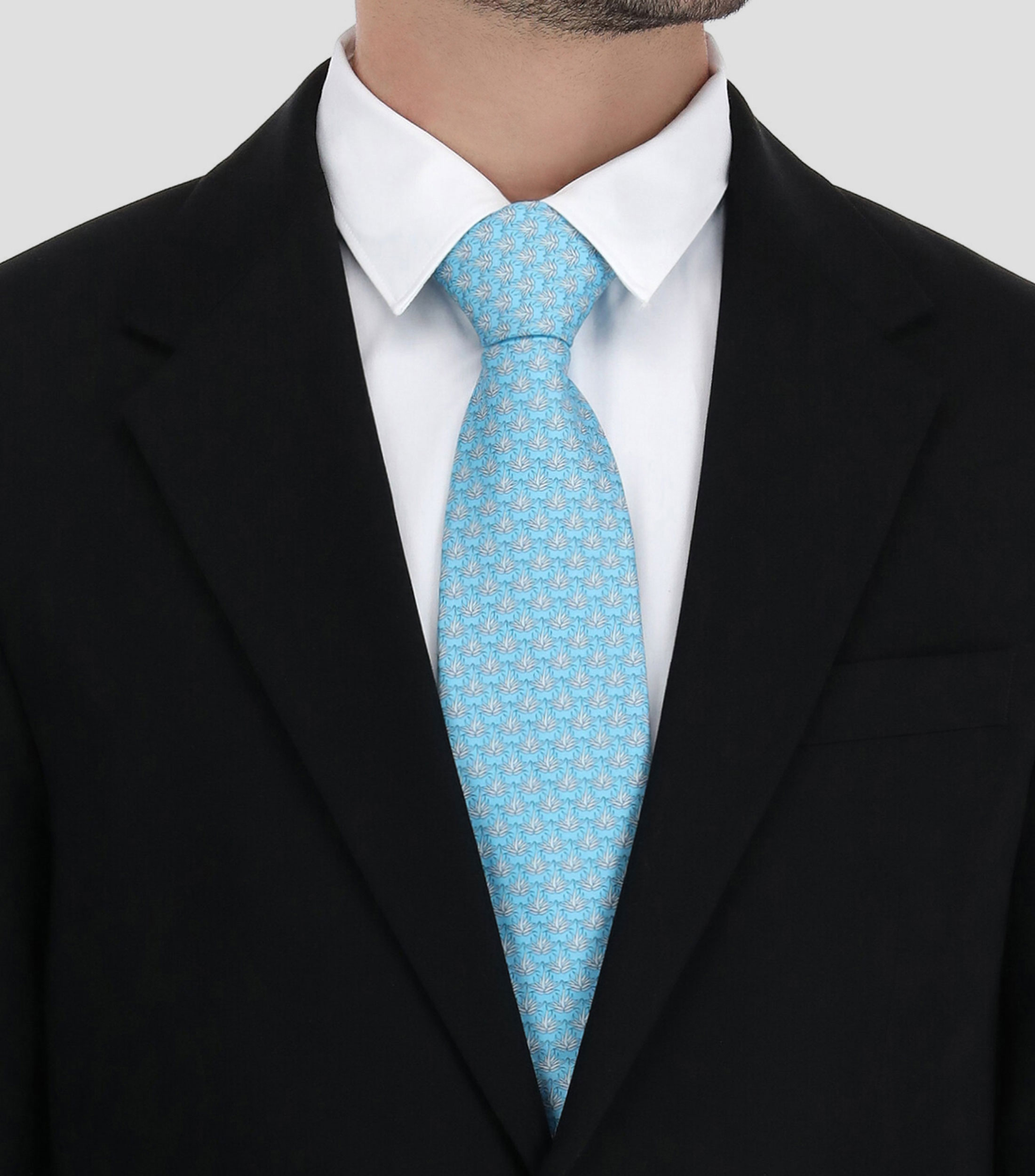 Corbata ancha de seda azul cielo con agaves
