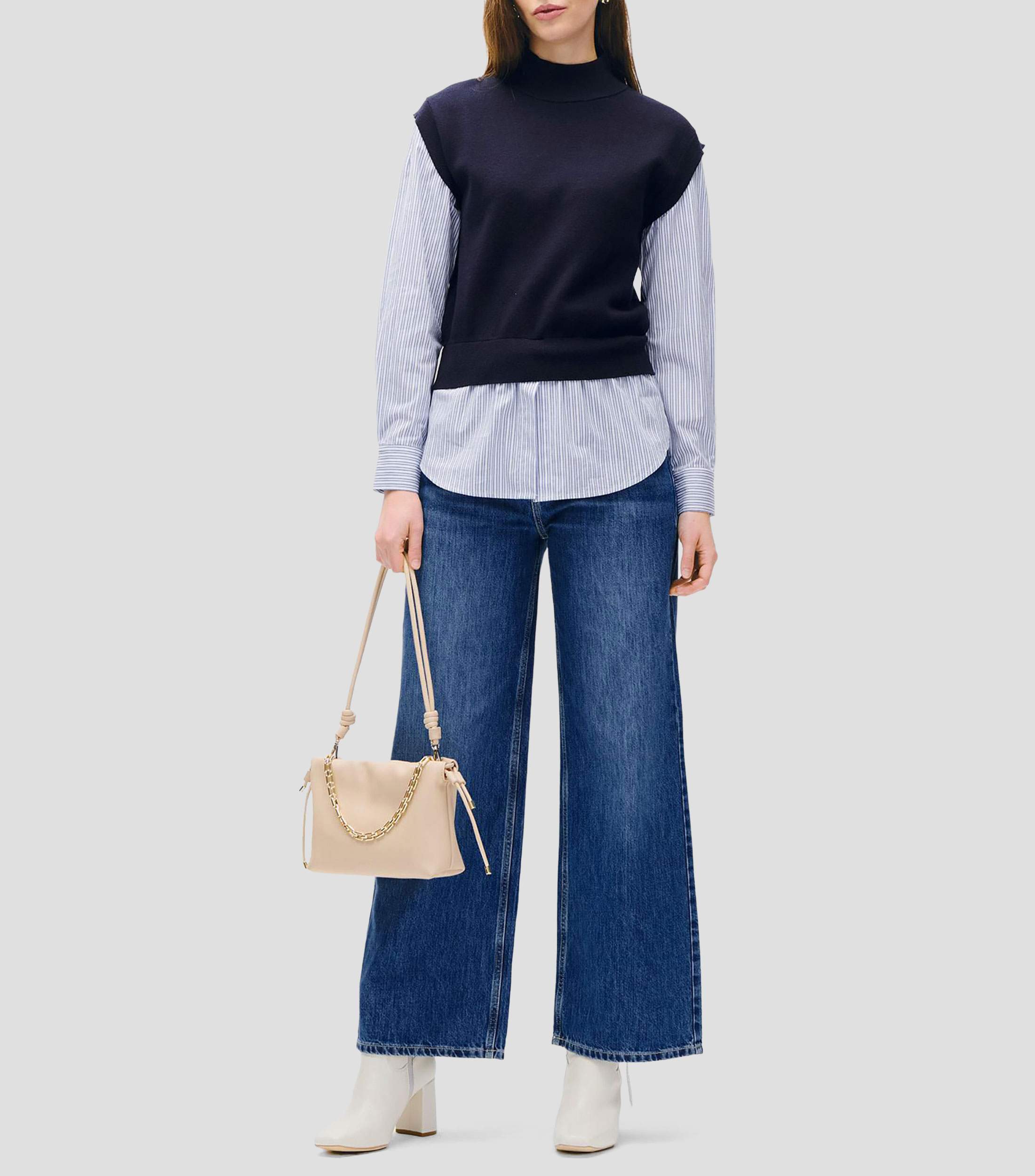 Chaleco de punto marino cuello perkins camisa a rayas simulada Mujer