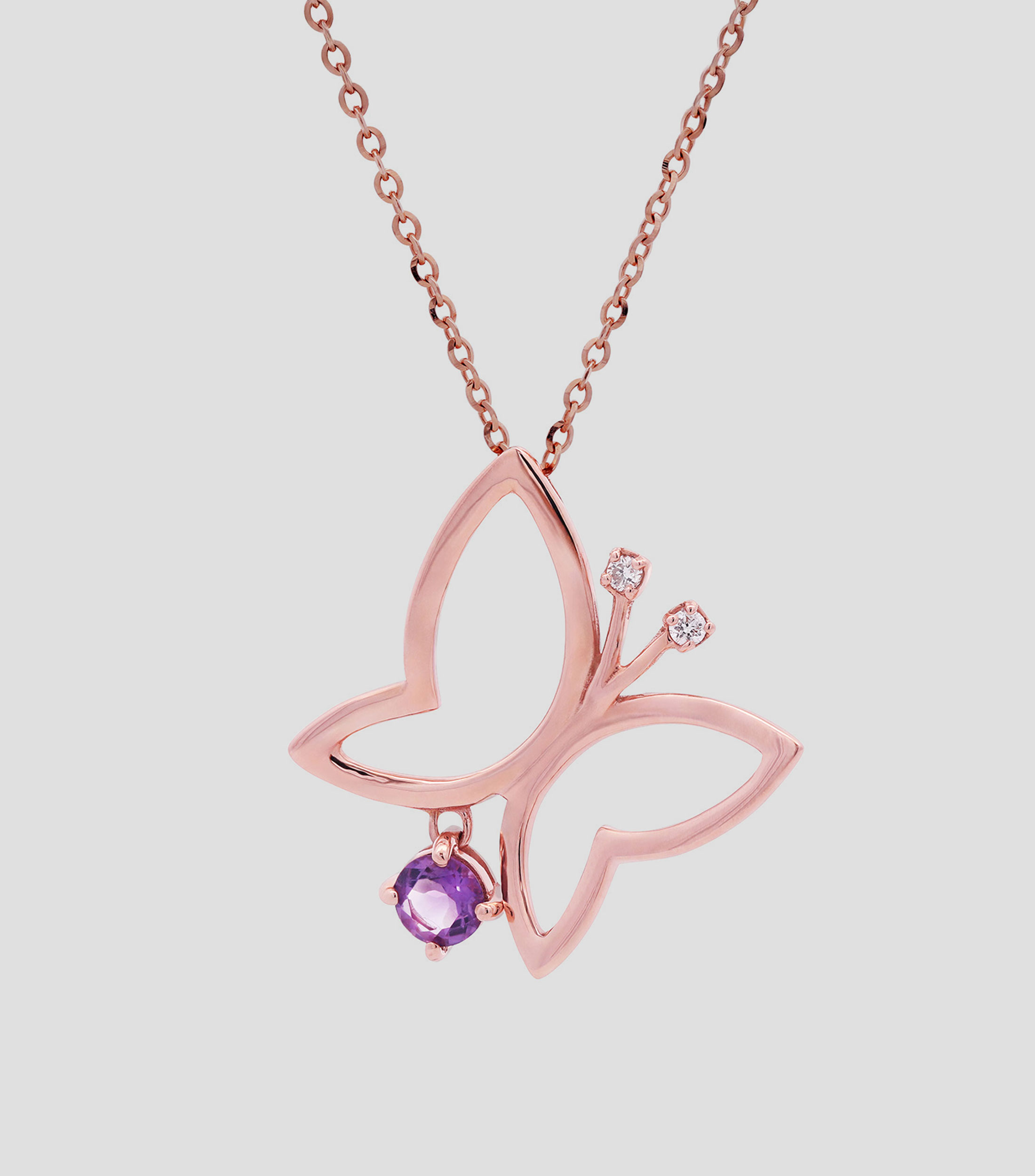 Dije con cadena de mariposa en oro rosa de 14 kilates con amatista Mujer