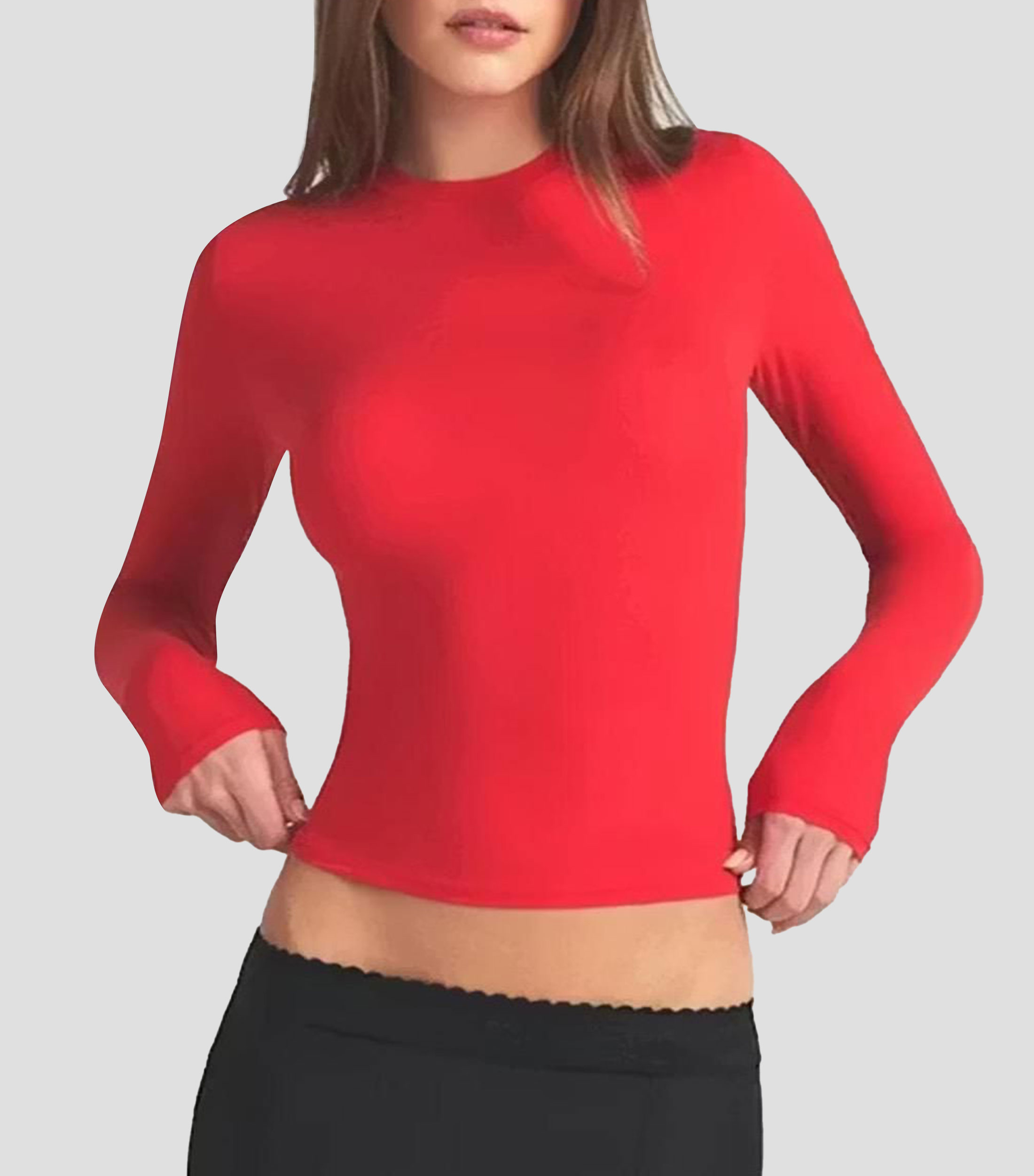 Playera de cuello redondo con manga larga lisa Mujer