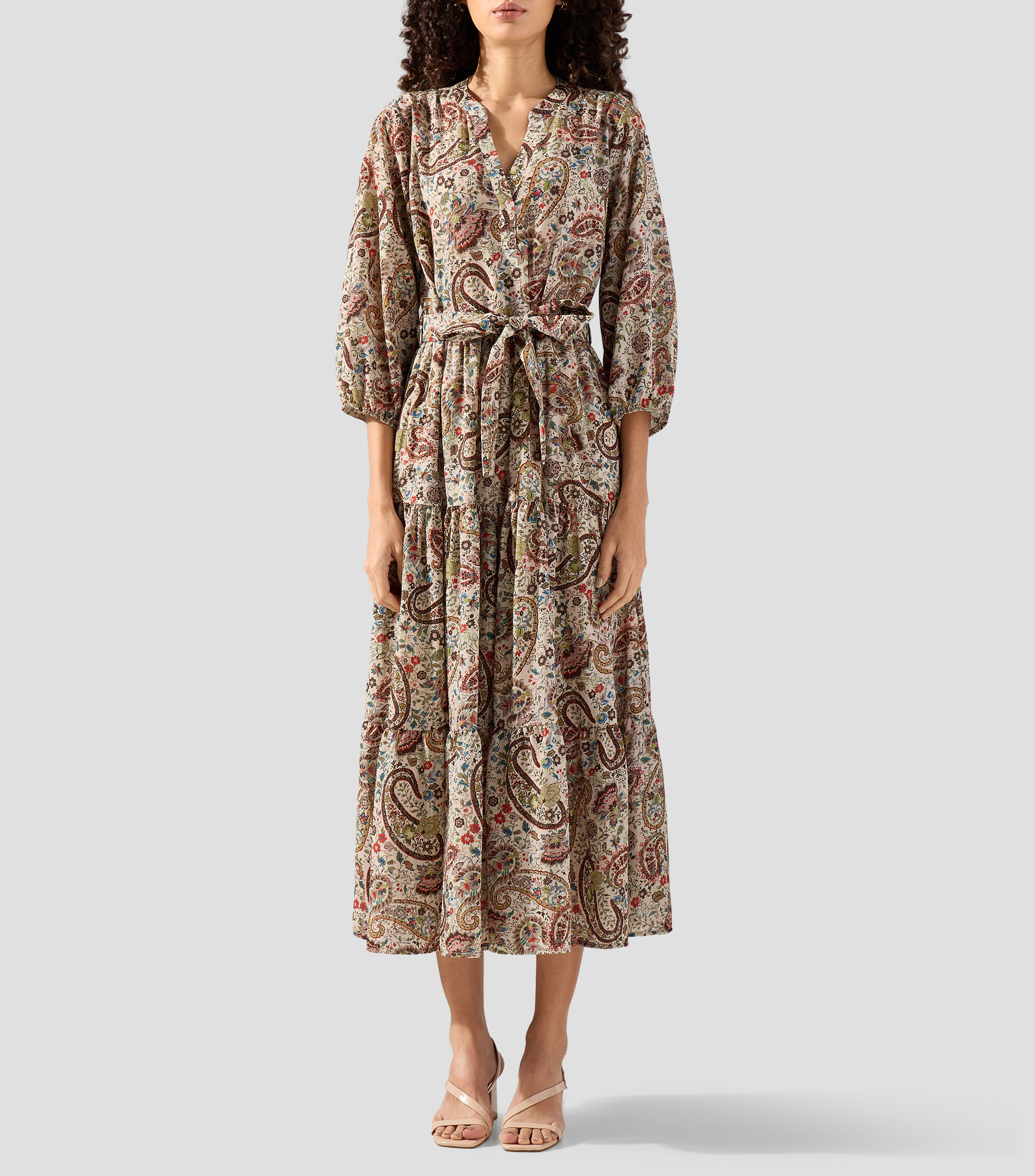 Vestido midi manga 3/4 con estampado Mujer