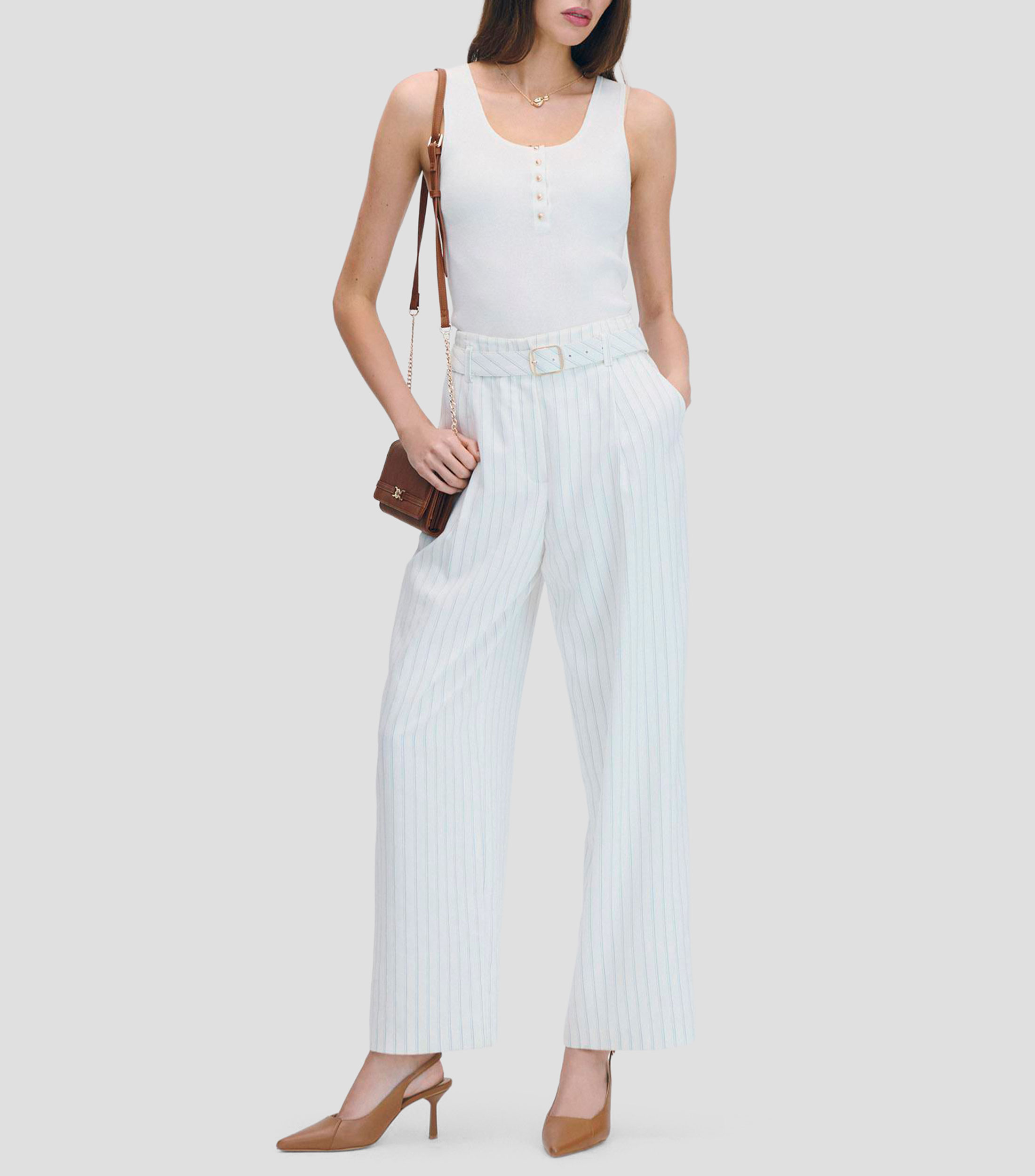 Pantalón Wide Leg Tiro Alto Doble Raya Azul Con Cinturón Mujer