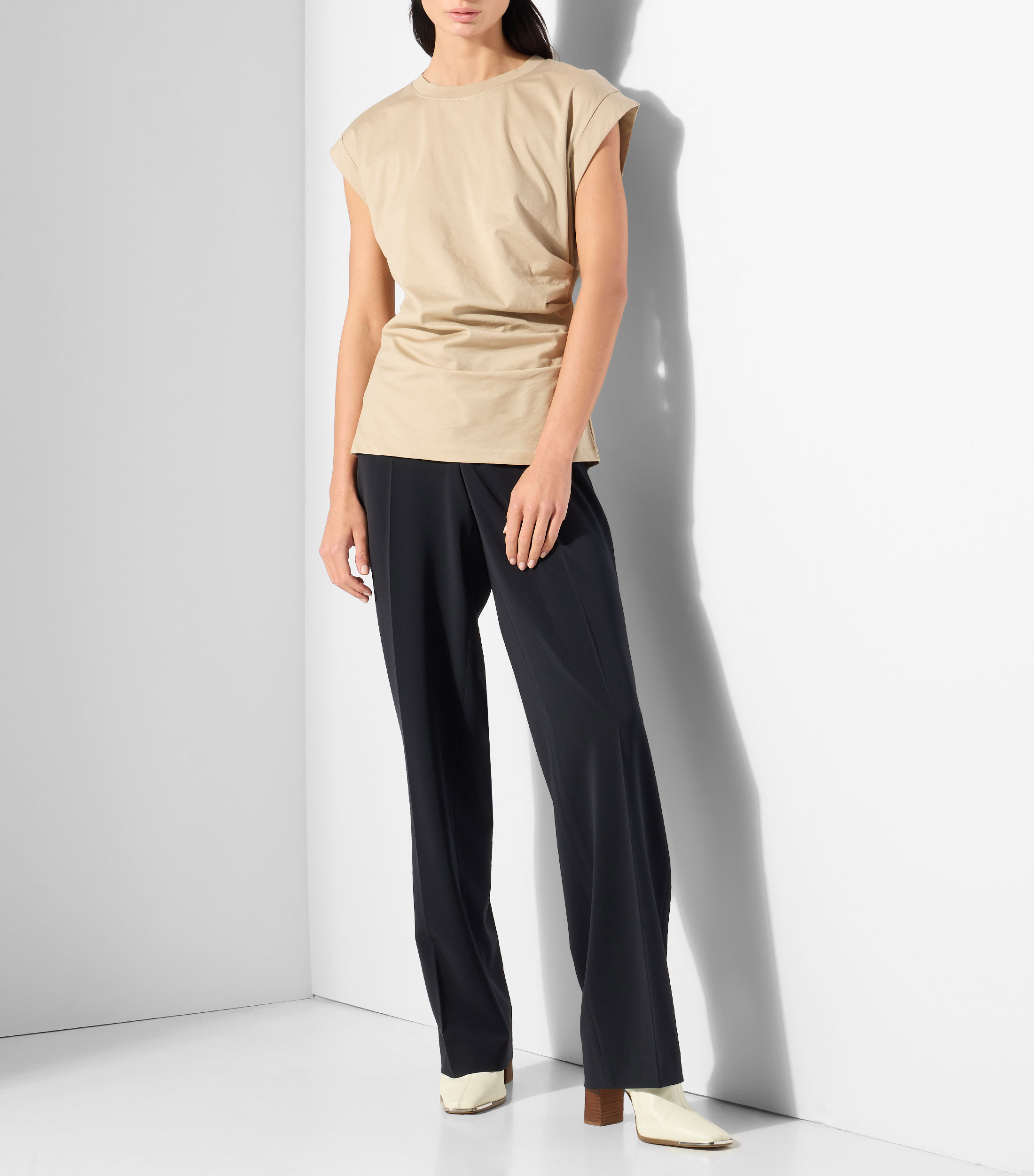 Blusa slim de algodón mercerizado con puños enrollados Mujer