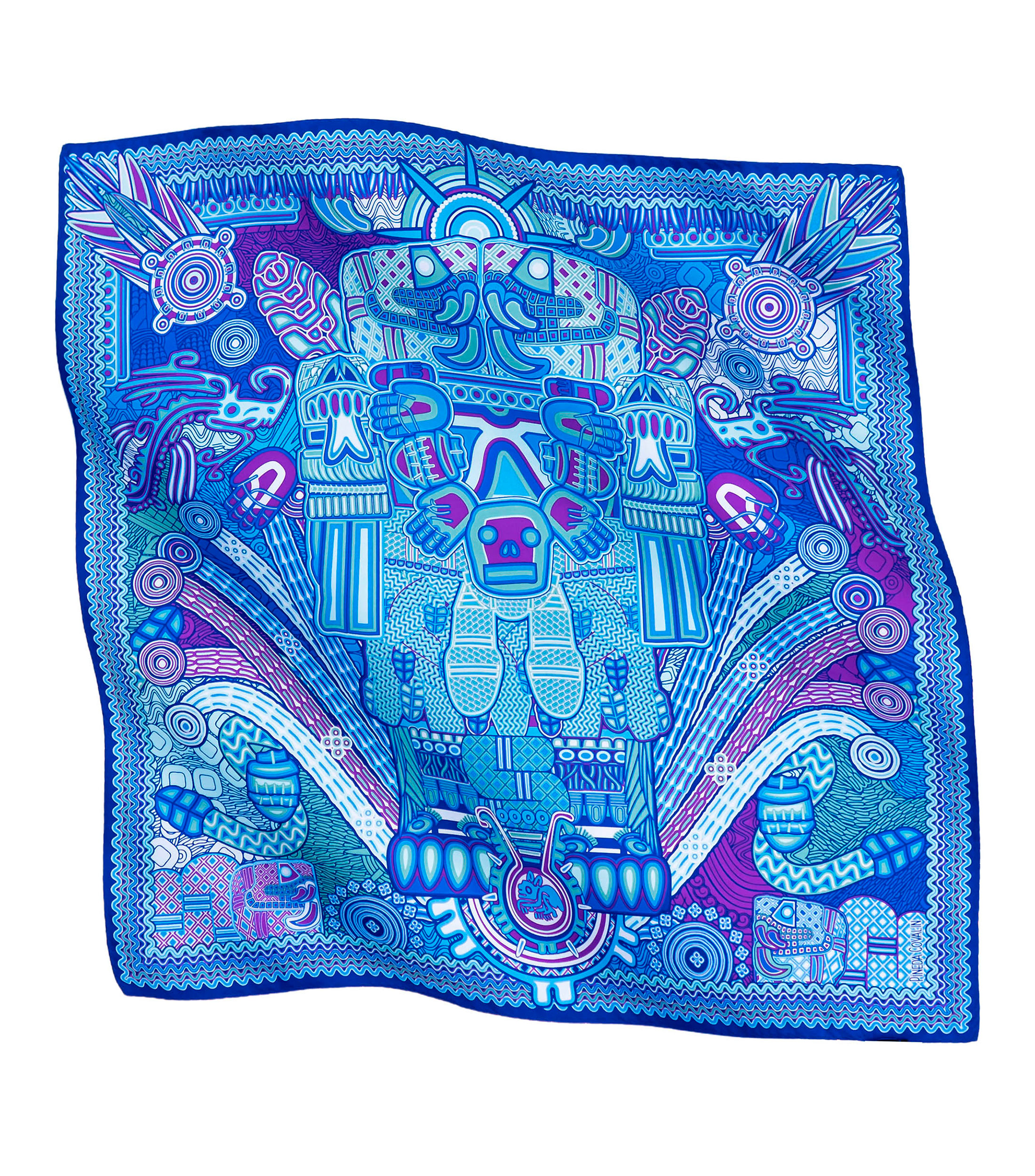 Mascada en seda azul con Coatlicues Mujer