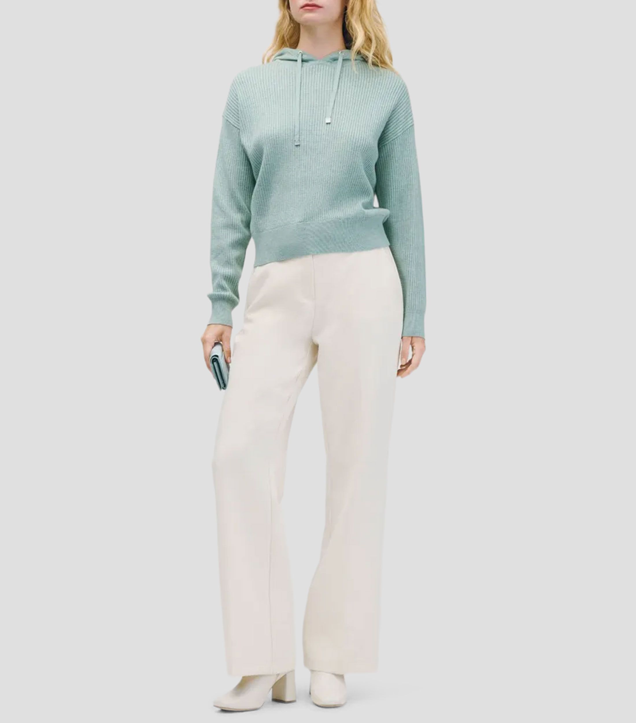 Suéter tejido de punto canalé tipo sudadera verde musgo Mujer