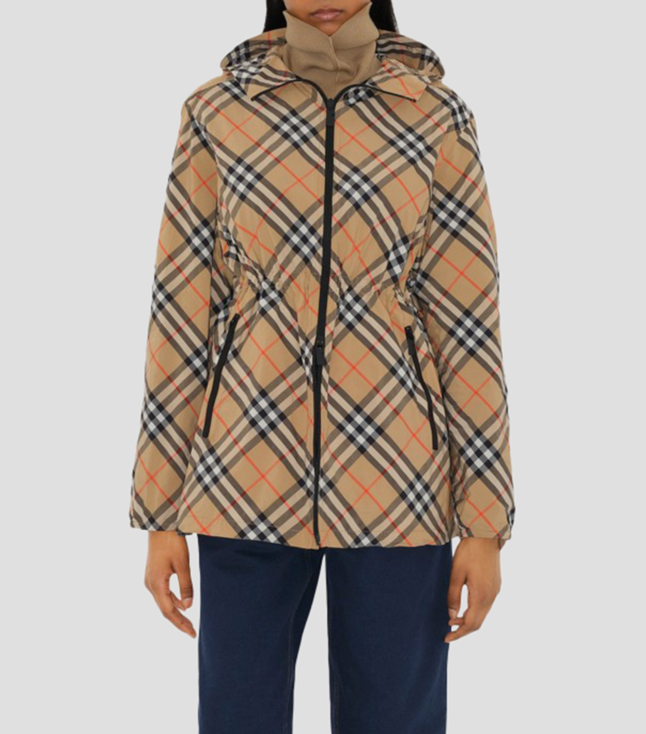 Chamarra en nylon con capucha Check Mujer