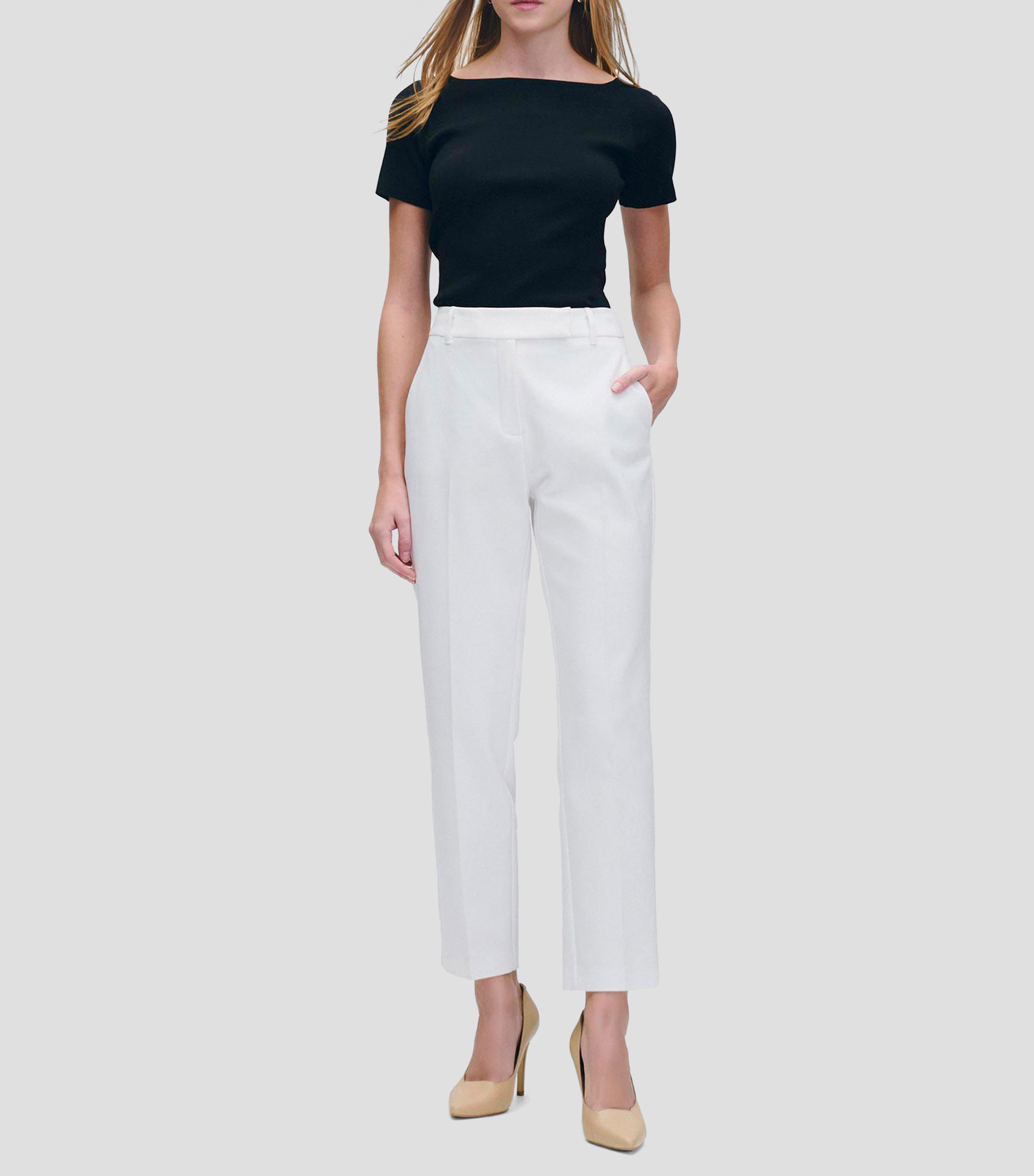 Pantalón Recto Tiro Alto Blanco Pretina Pasada Mujer