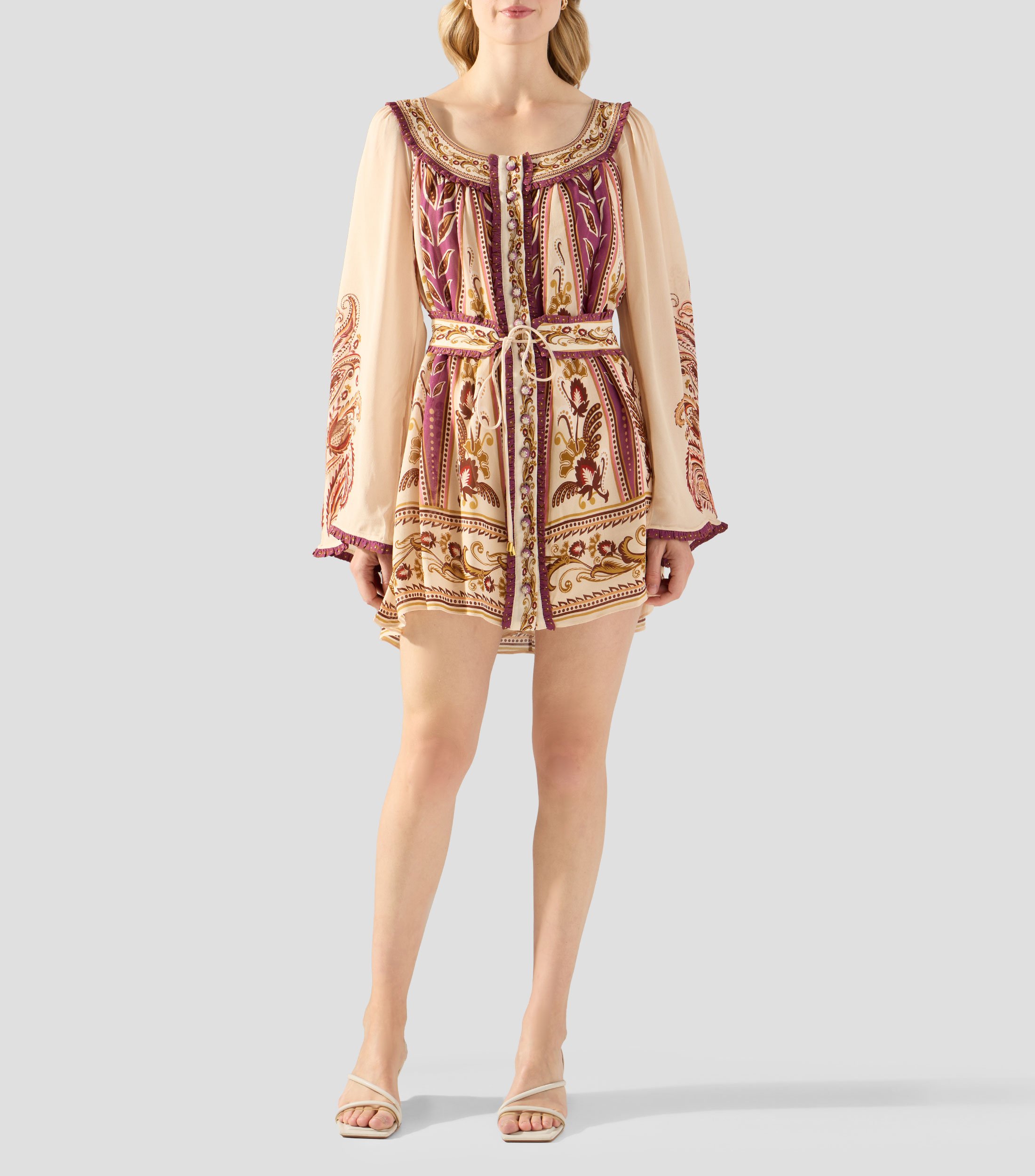 Vestido corto manga larga estampado Mujer