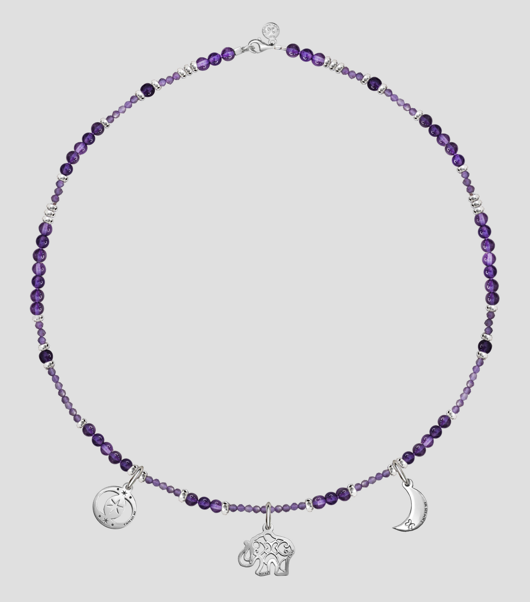 Collar en plata con tres charms y amatista Mujer