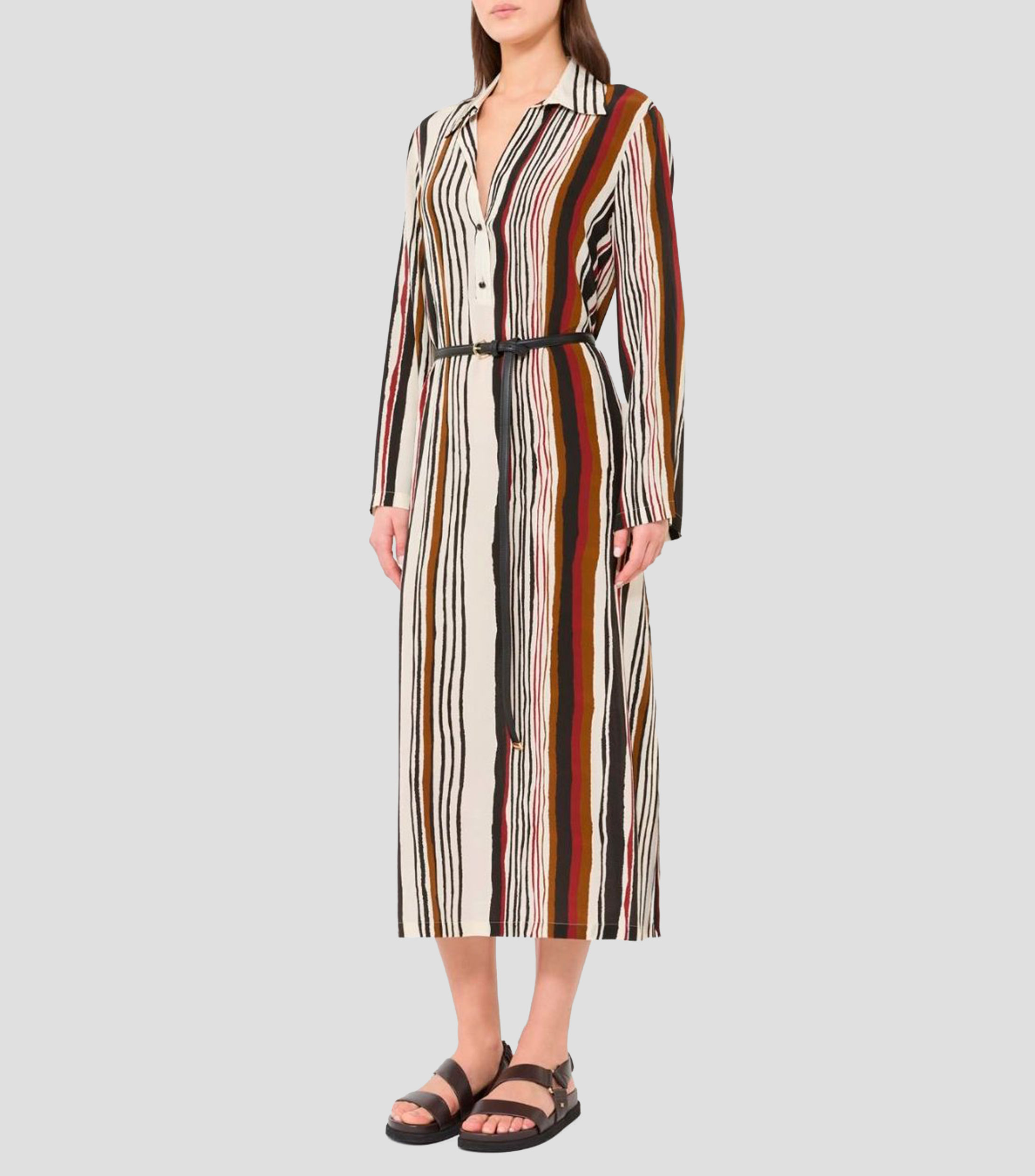 Vestido camisero largo con manga larga y rayas Mujer