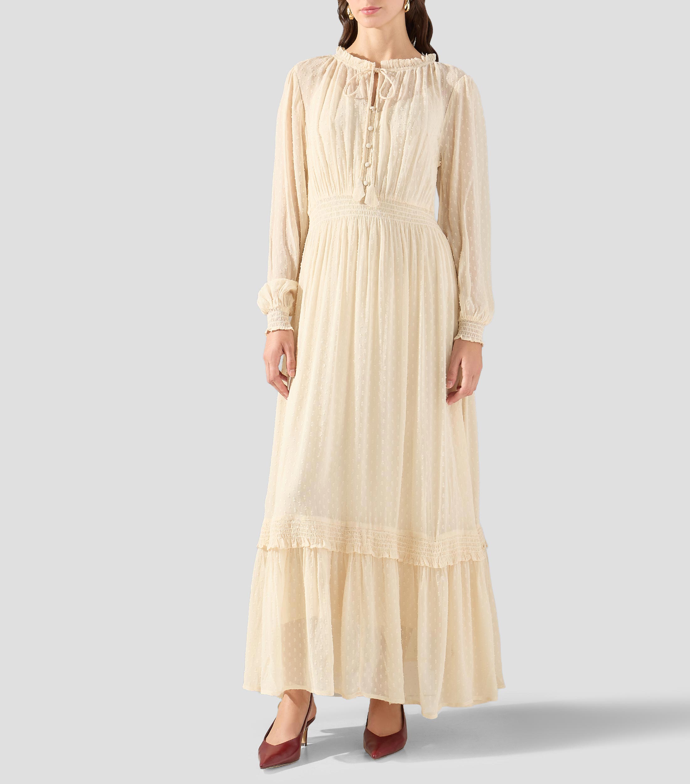 Vestido largo liso con textura Mujer