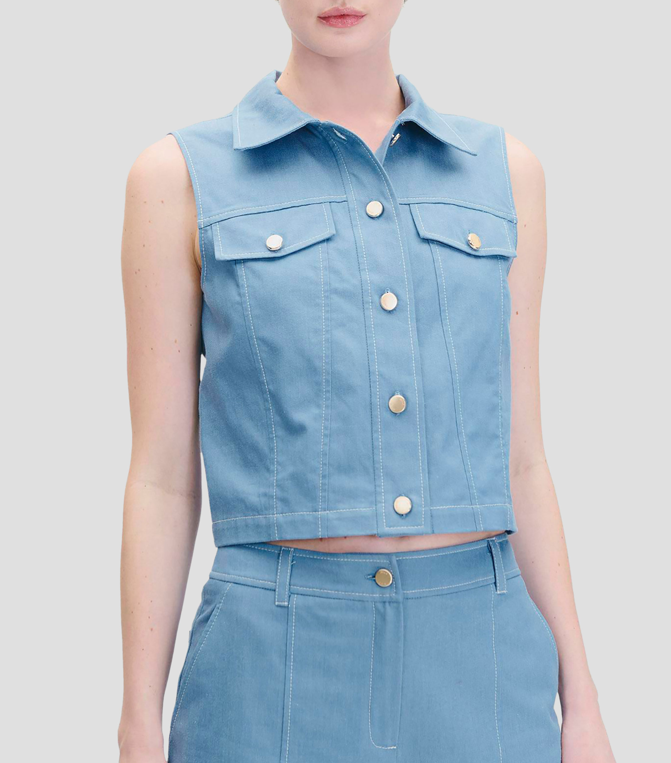 Blusa Azul Aura Pespuntes en Contraste Tipo Denim Mujer