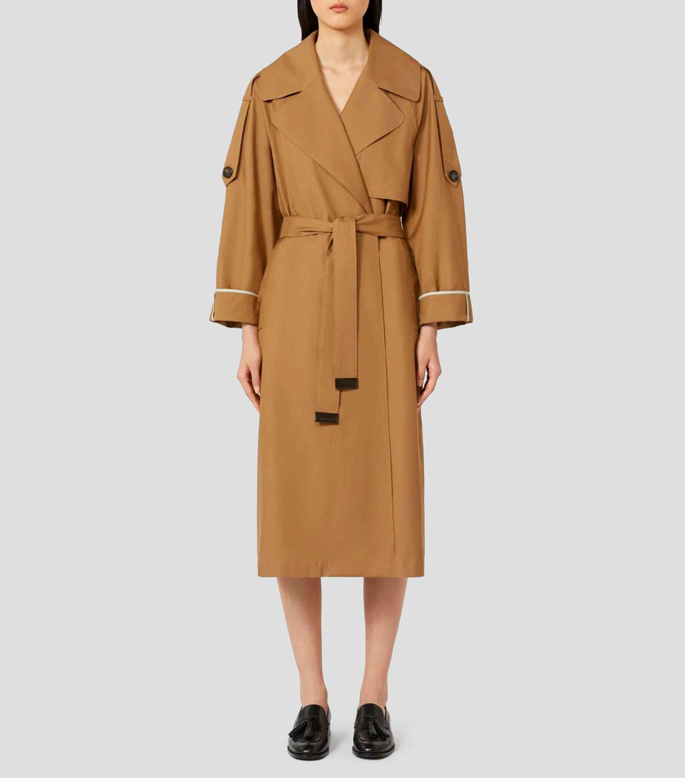 Gabardina midi con cinta liso Mujer