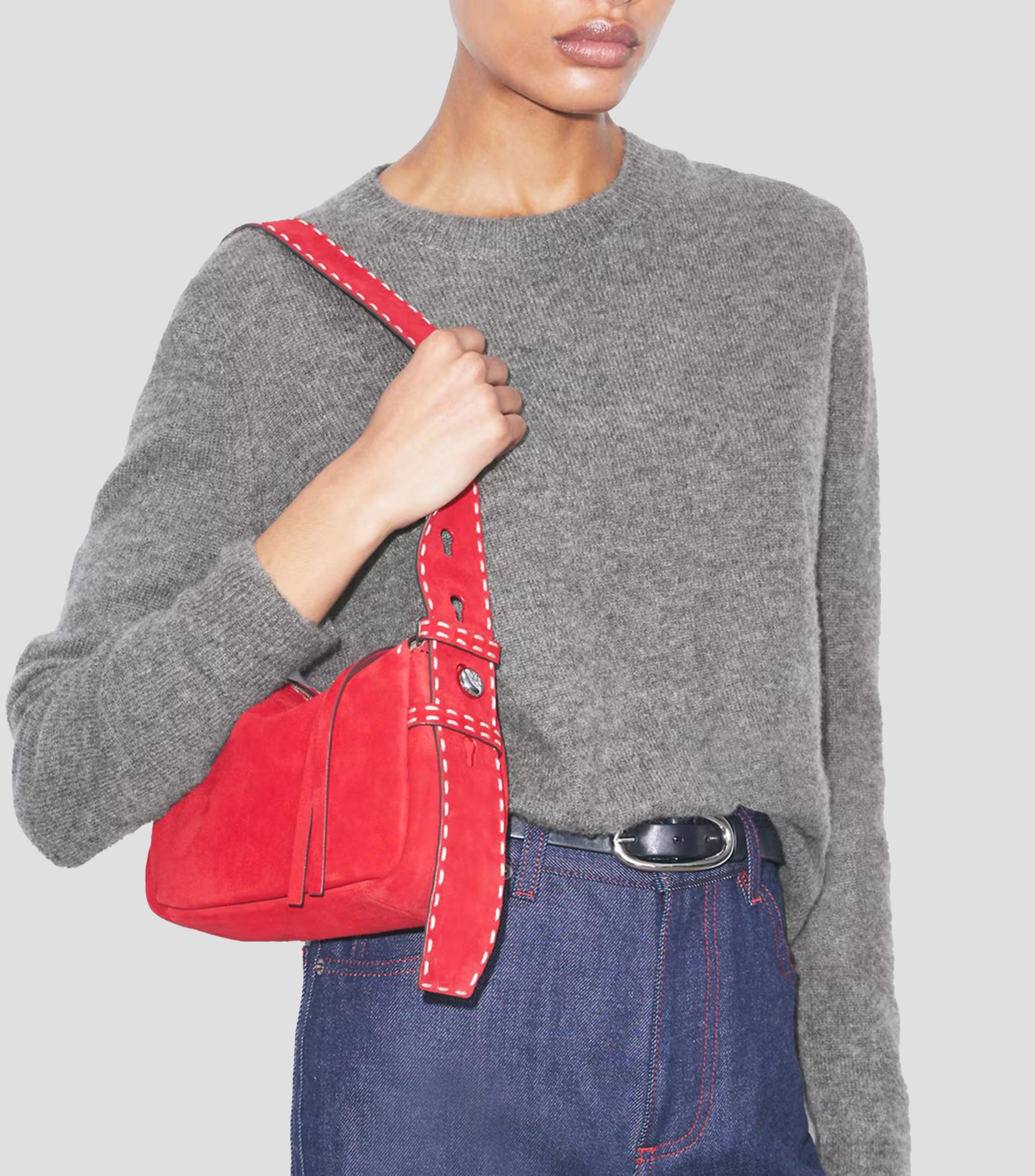 Bolsa de hombro pequeño Romy de ante con costuras de punto