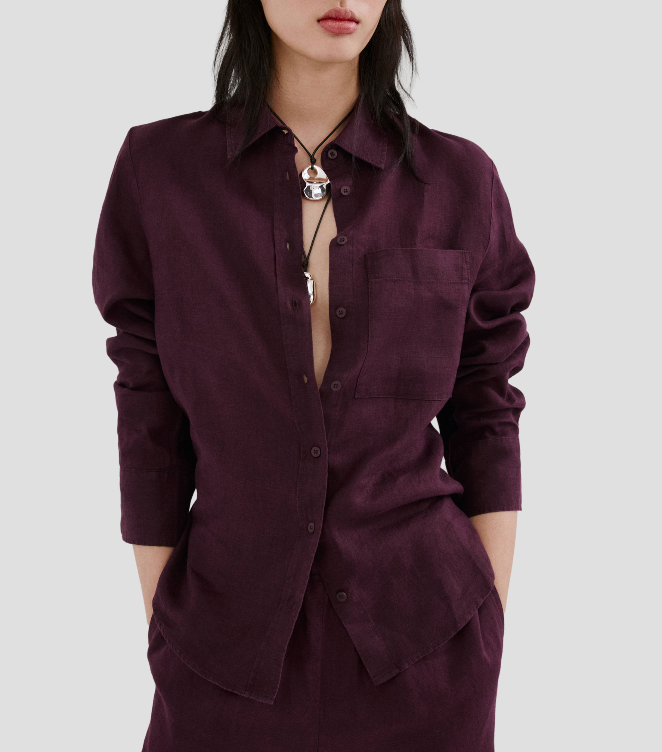 Camisa lisa de lino manga larga Mujer