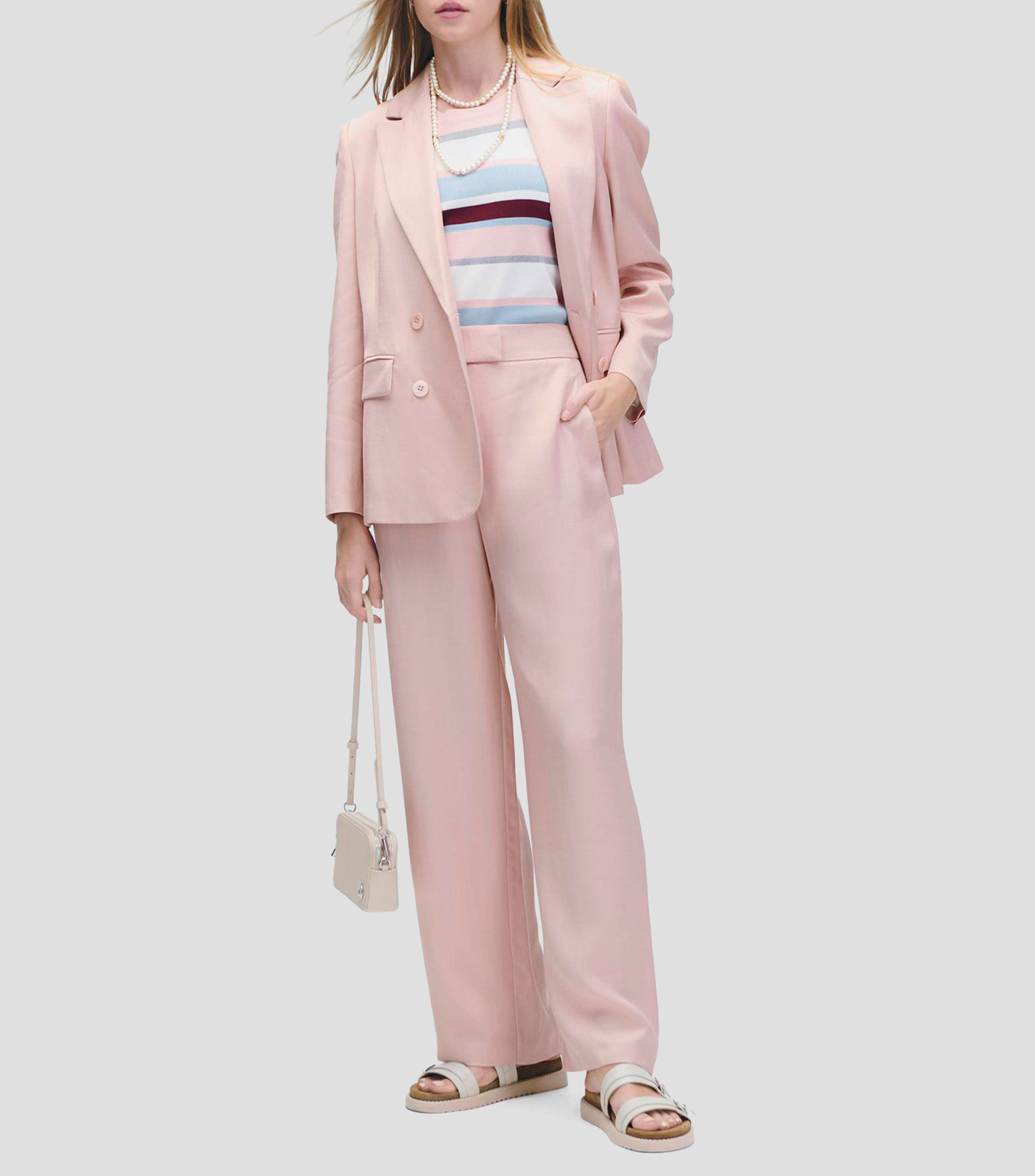 Blazer cruzado rosa claro de lino solapa de pico Mujer