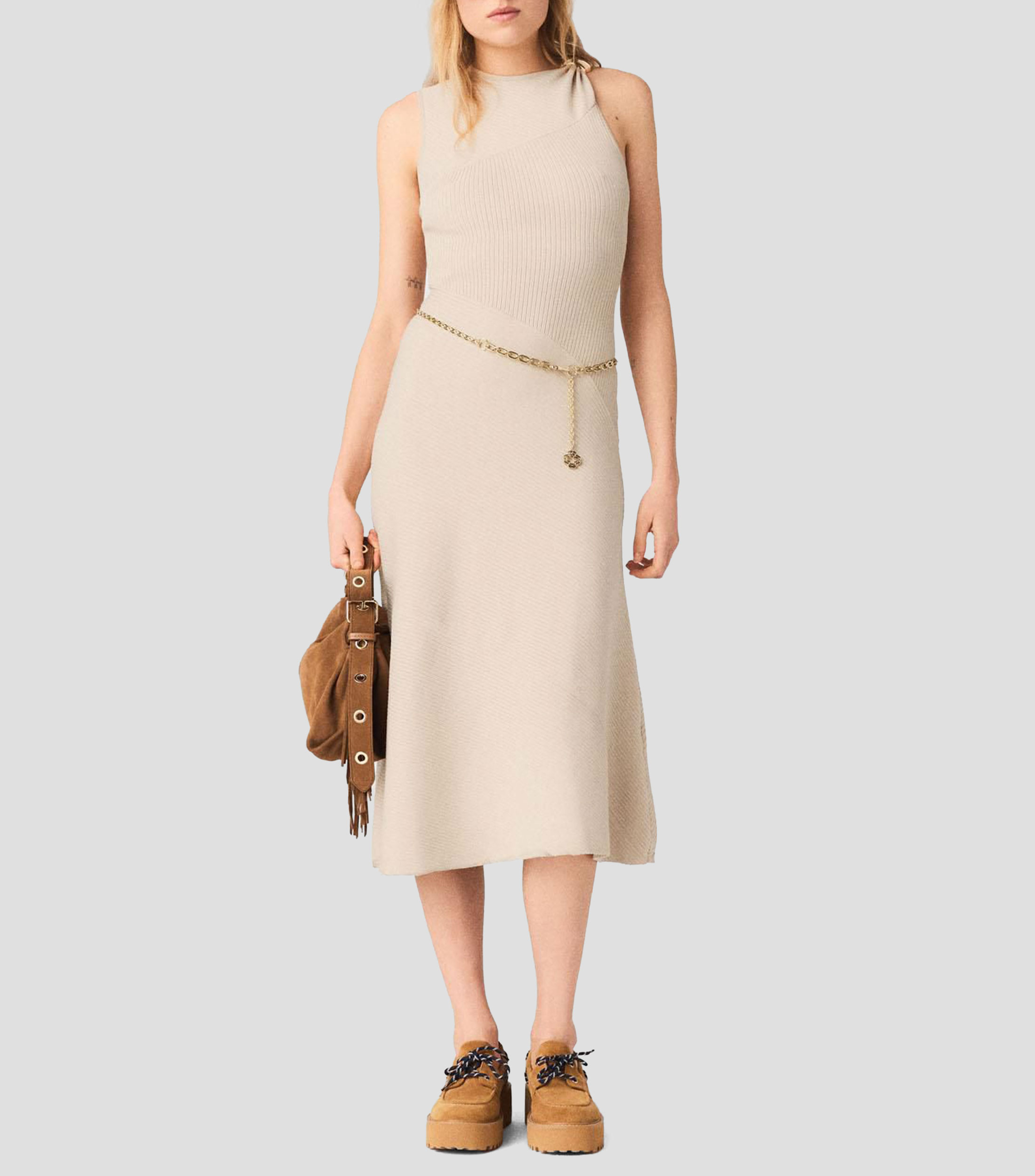 Vestido midi de diseño sólido acanalado Mujer