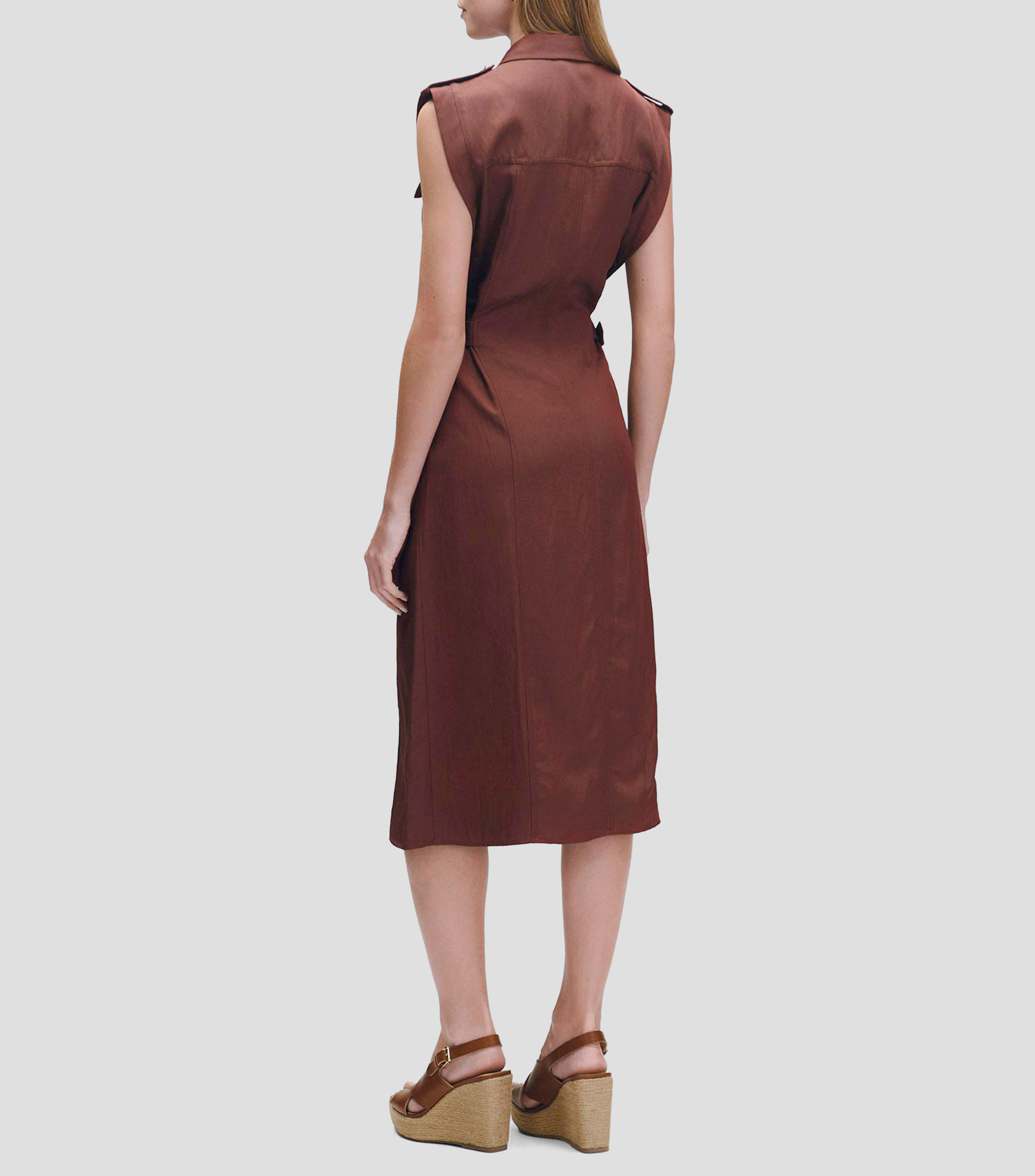 Vestido midi camisero marrón de lino hebillas en cintura Mujer