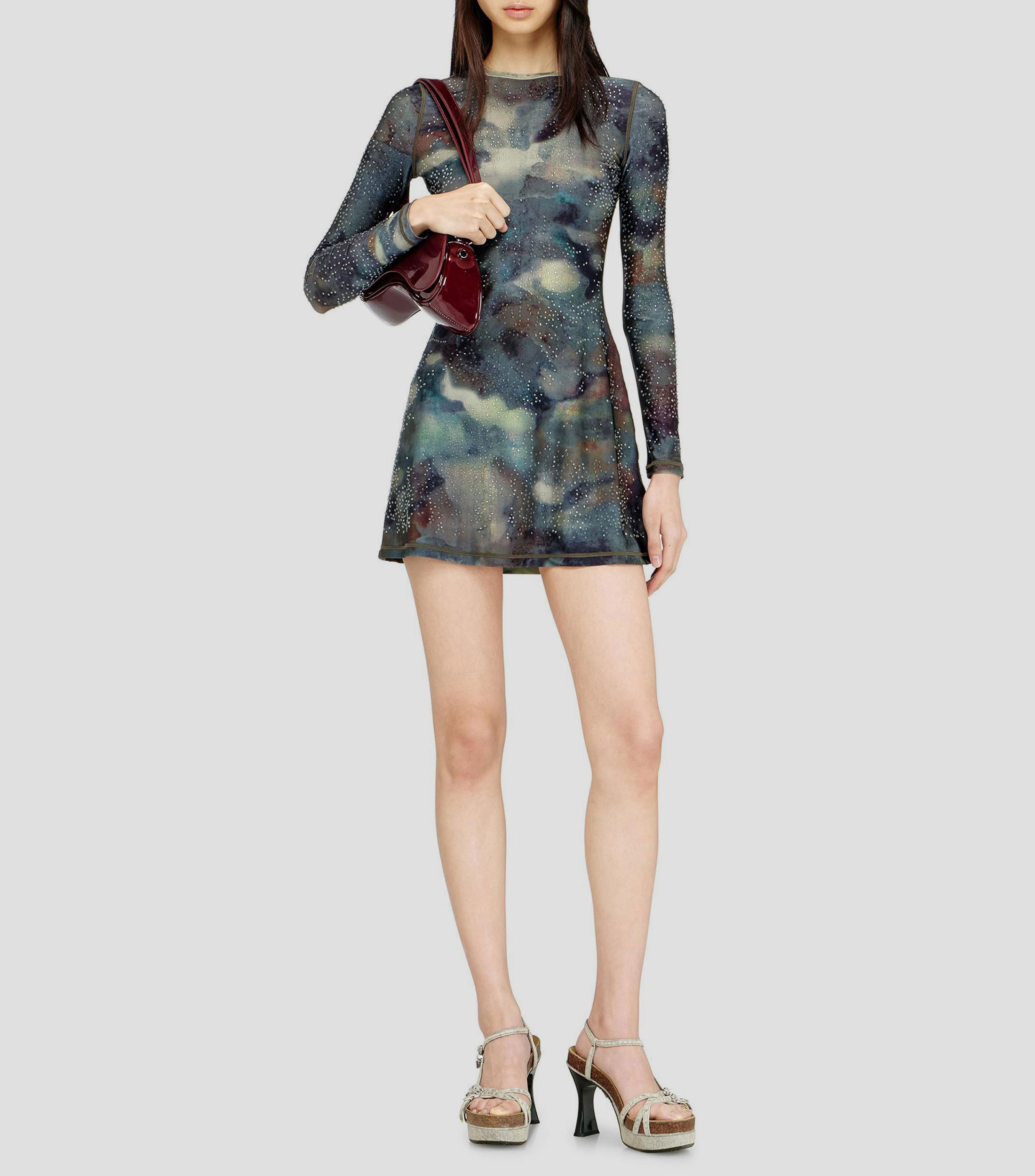 Vestido mini de manga larga con detalles de cristal fantasía Mujer