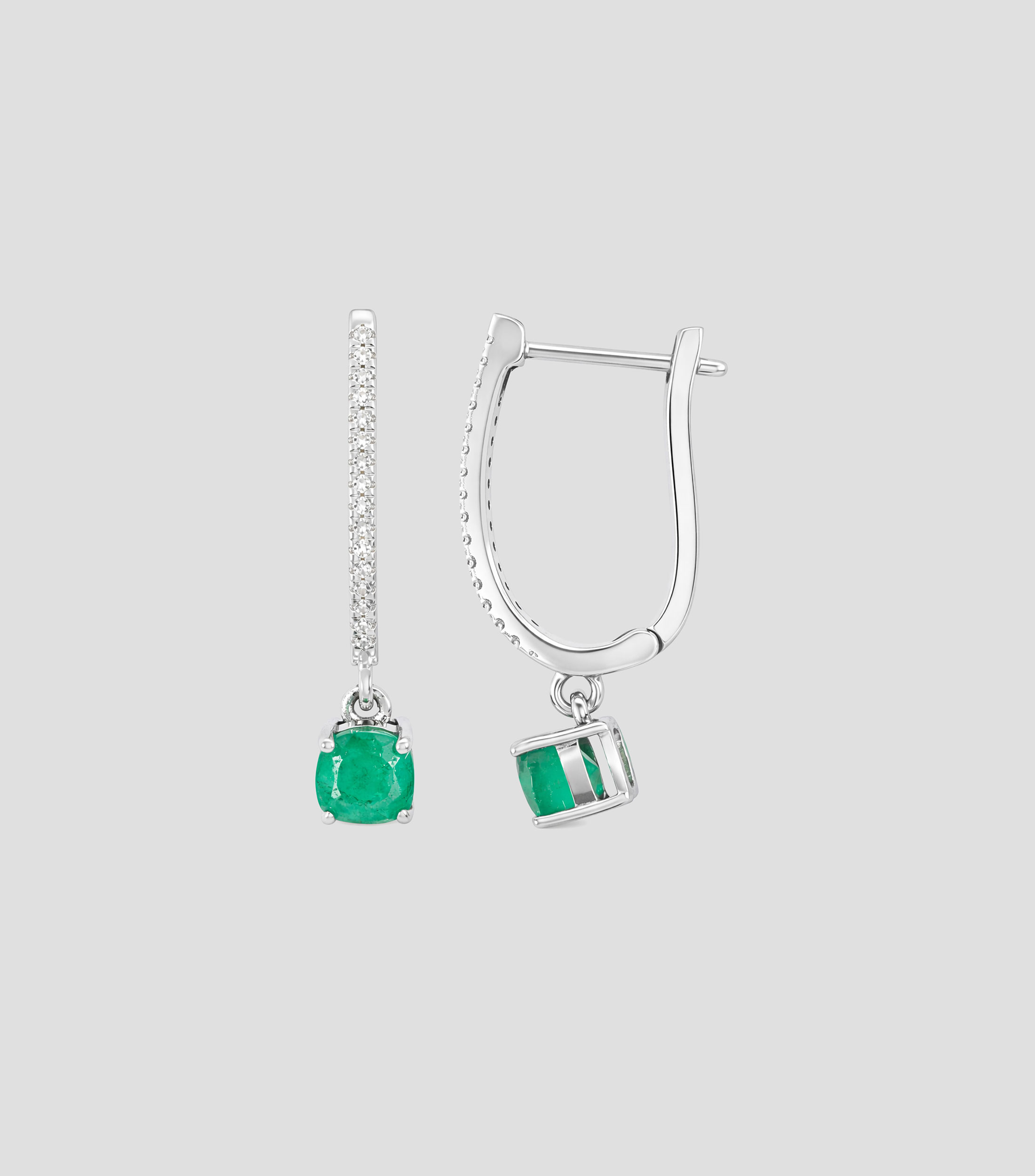 Aretes en Oro blanco de 14 Kilates con diamantes y esmeralda Mujer