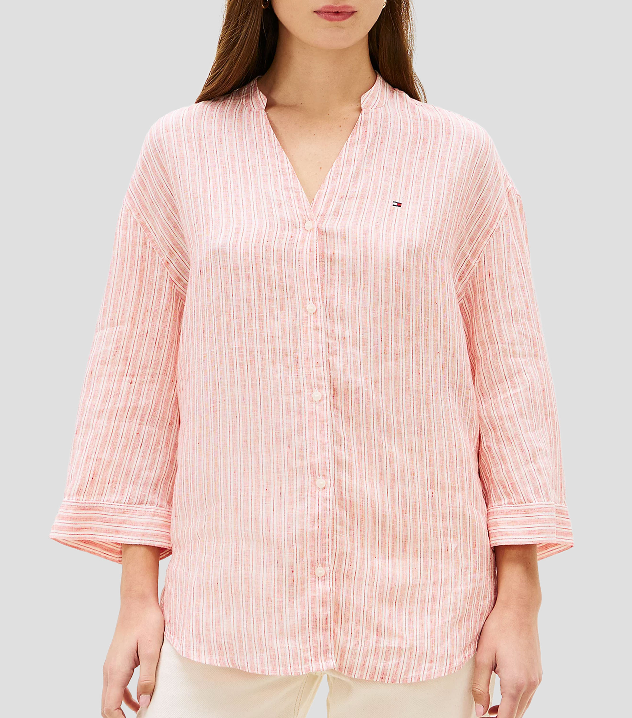 Camisa con rayas de lino manga larga Mujer